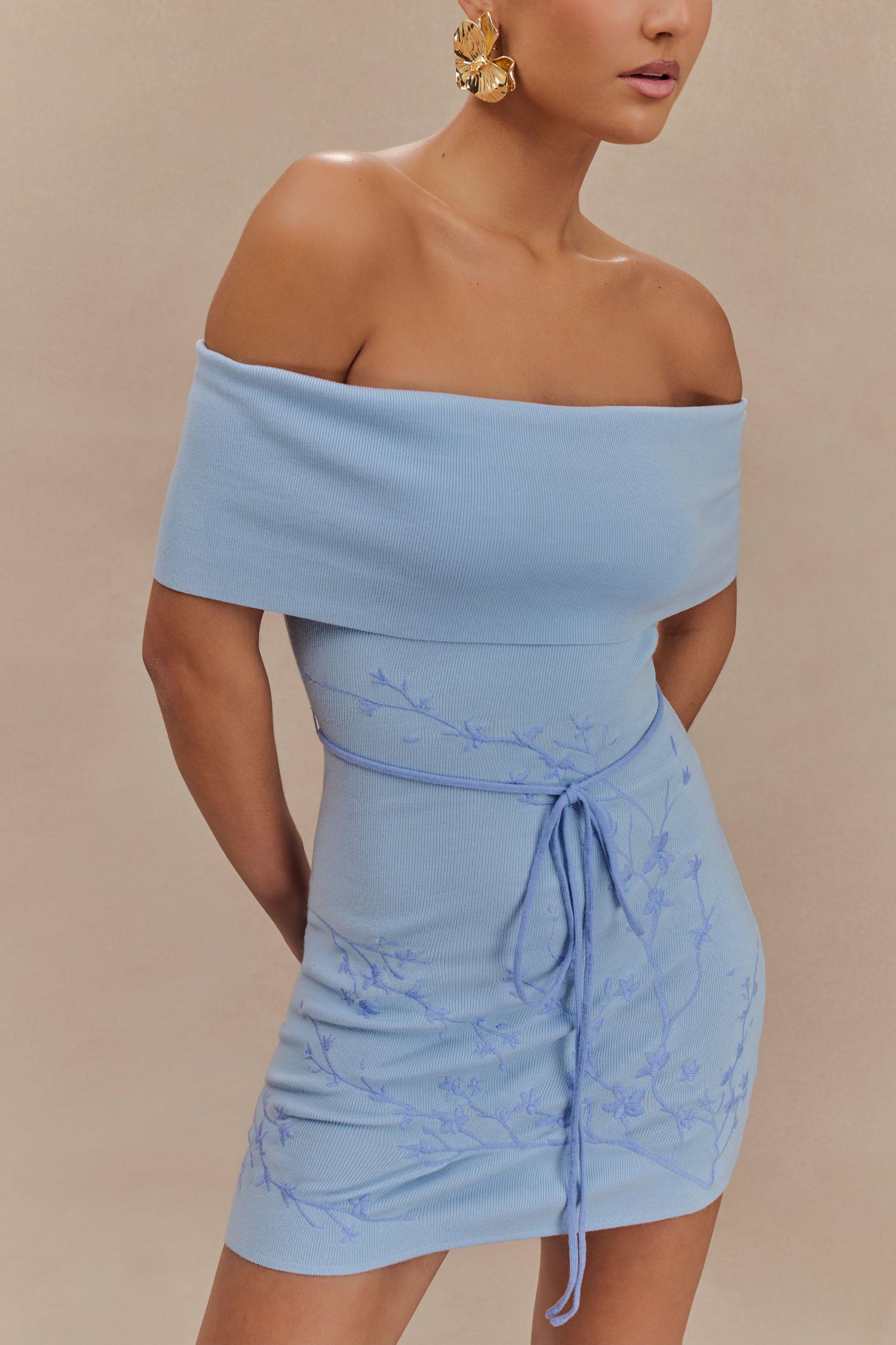 Mallory Off Shoulder Embroidered Knit Mini Dress - Ice Blue Product Image
