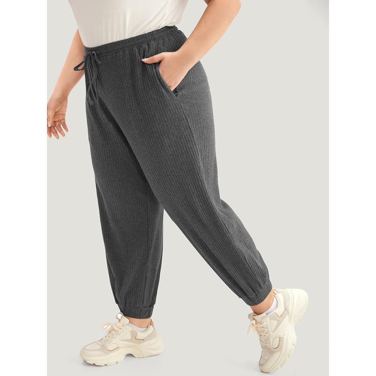 Rib Knit Elastic Waist Drawstring Sweatpants DimGray Plus Size Women Casual Dailywear Texture 26/4X Bloomchic Product Image