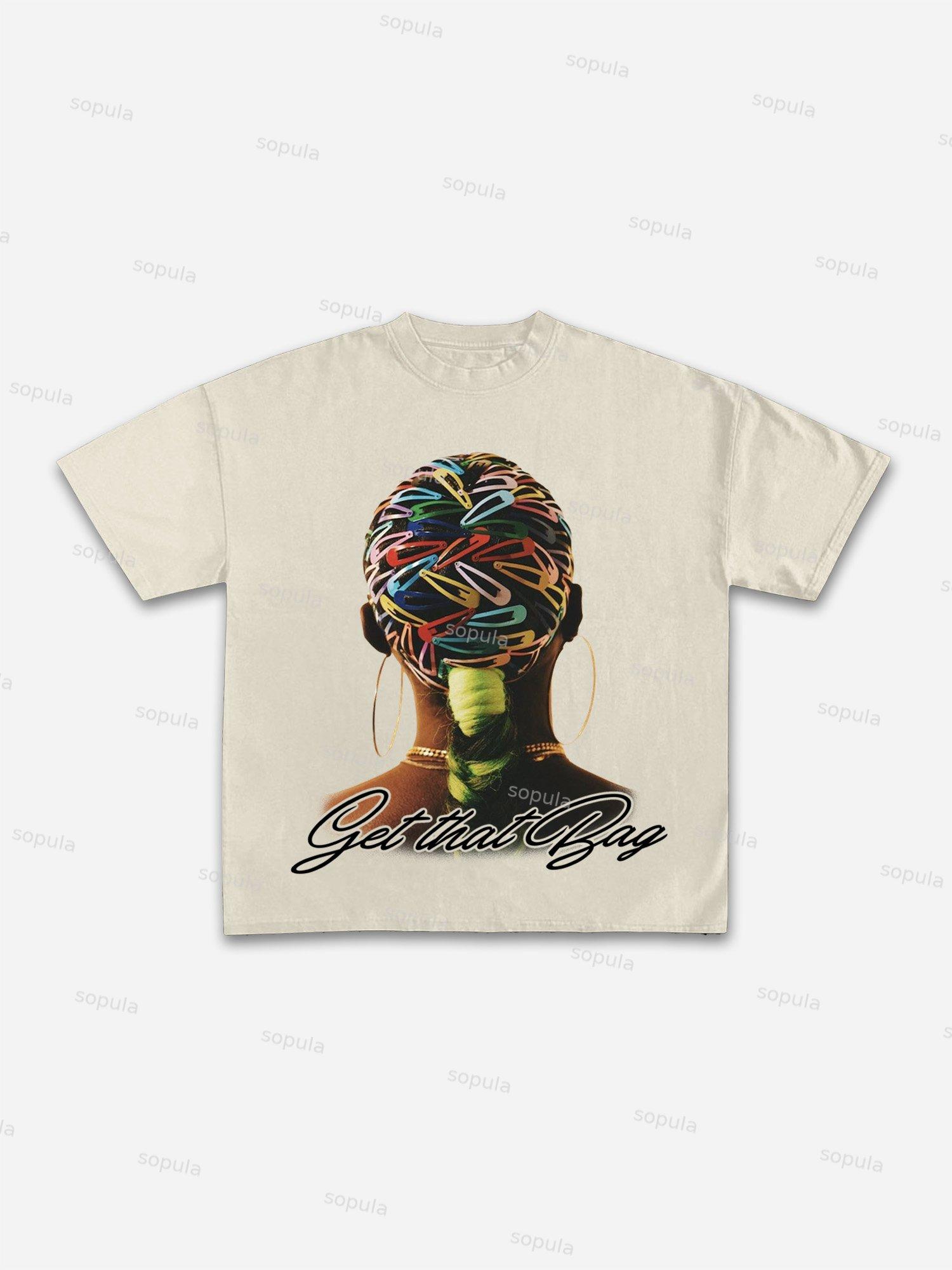 Get That Bag Colorful Hairpin Headpiece Portrait Graphic Cotton T-shirt Product Image