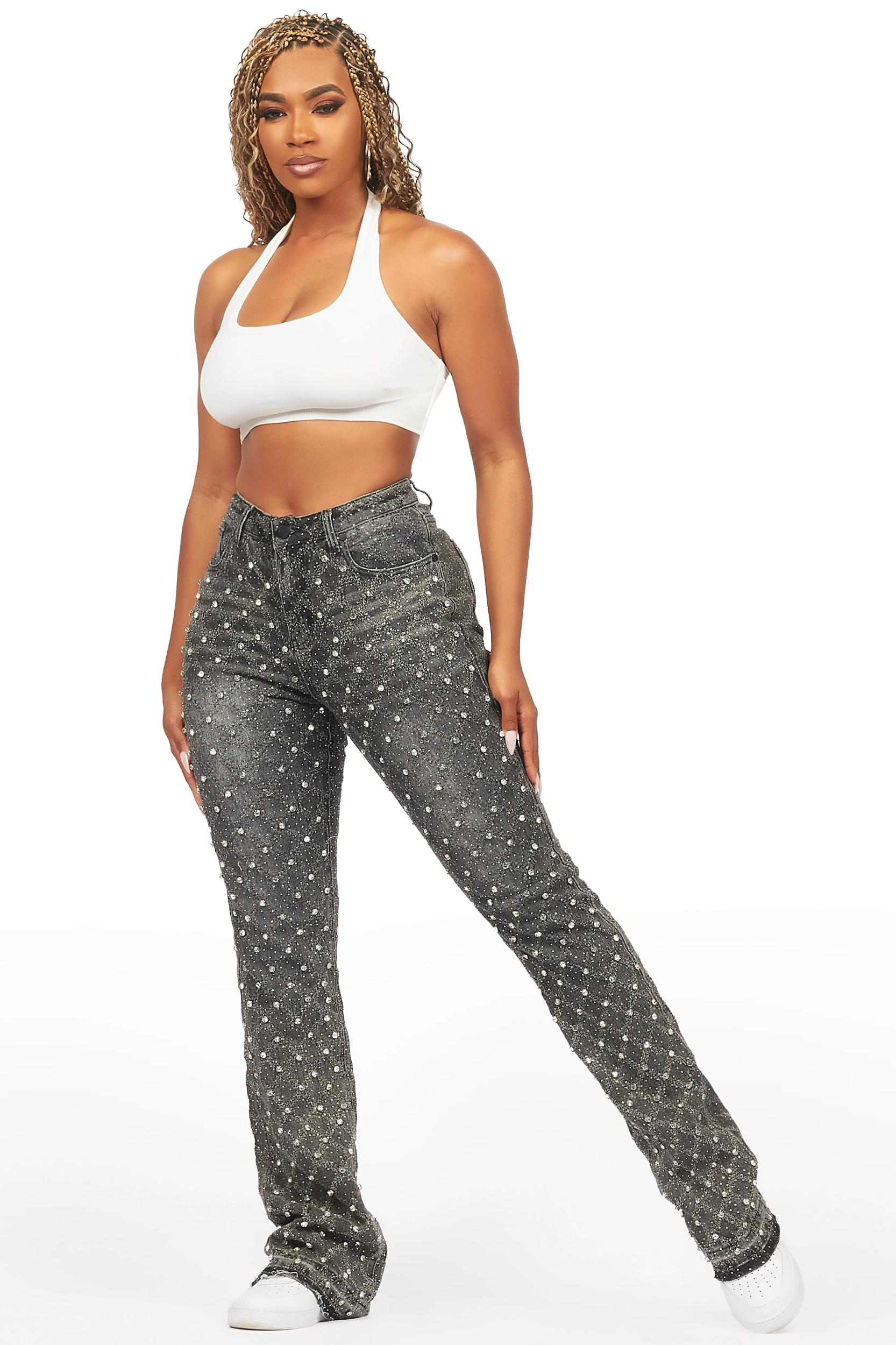 Sareka Grey Wash Rhinestone Stacked Flare Jean Female Product Image