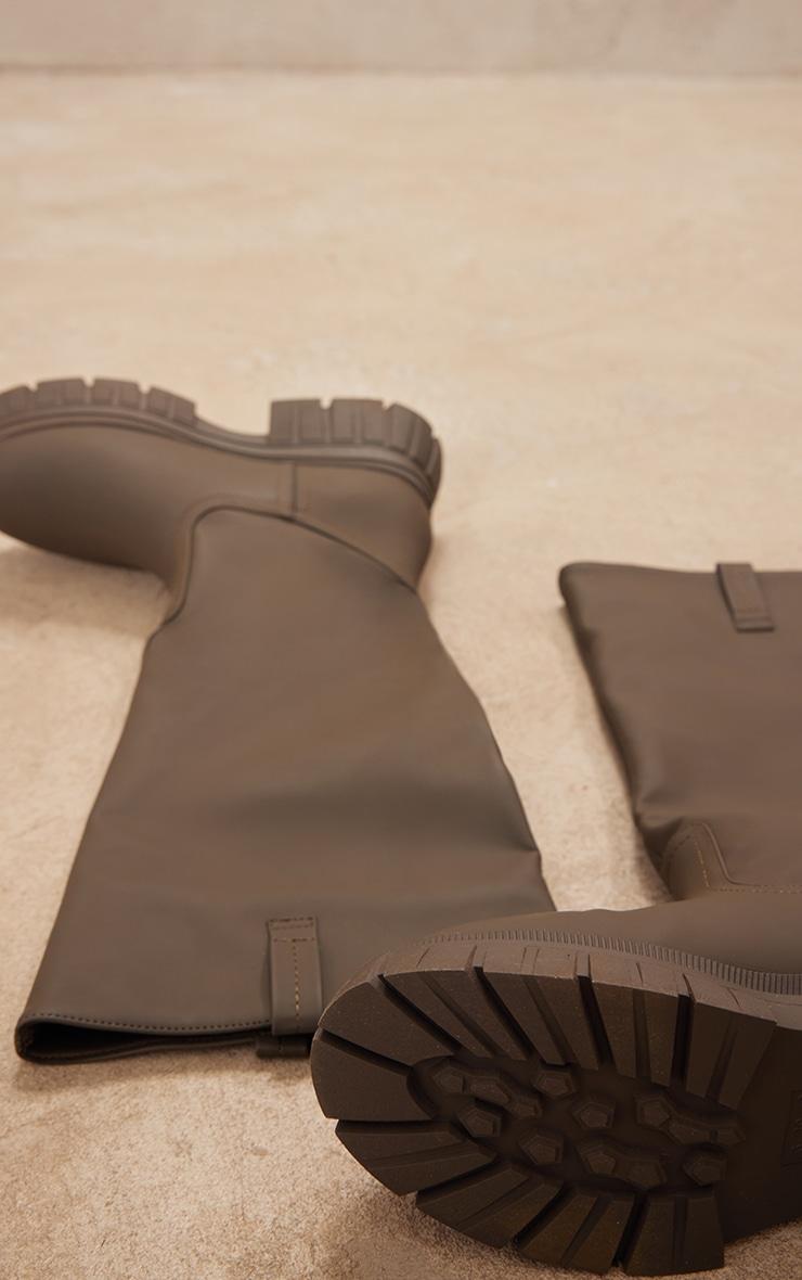 Khaki Wide Fit Pu Slip On Knee High Boots Product Image