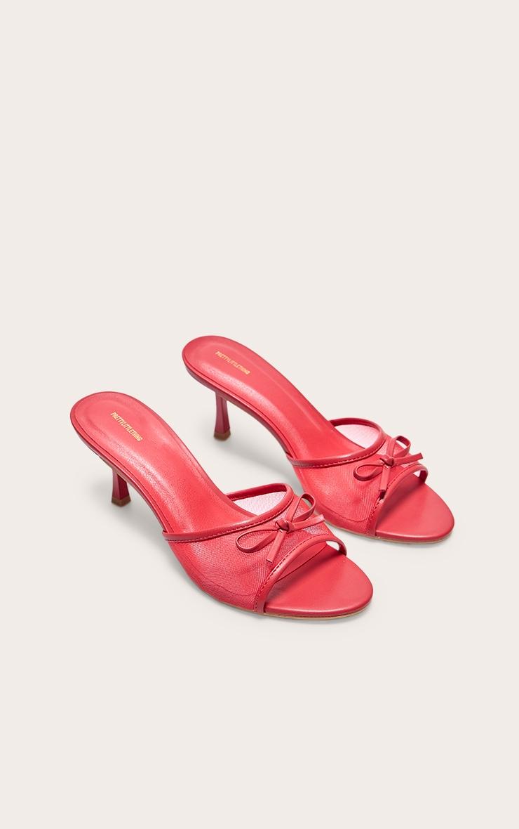 Red Mesh Round Toe Bow Strap Mid Heeled Mules Product Image