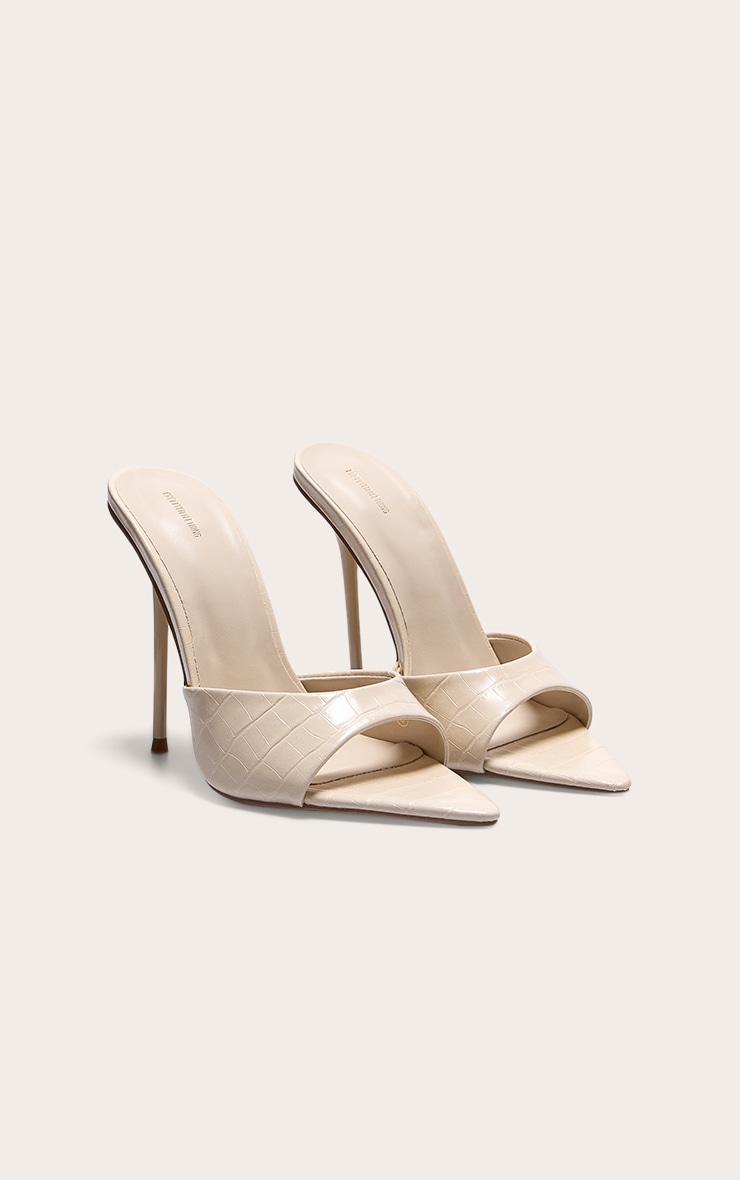 Cream Croc Pu Point Toe High Stiletto Heeled Mules Product Image