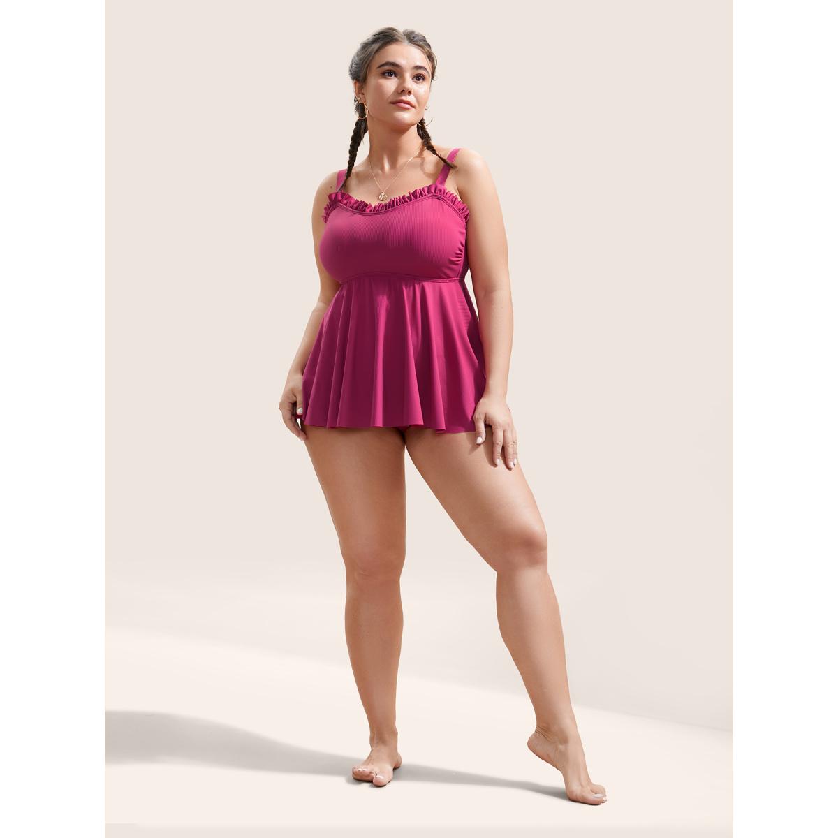 Plus Size Solid Frill Trim Adjustable Straps Swim Top Women's Swimwear RedViolet Beach Non High stretch Bodycon Strapless Curve Swim Tops BloomChic 30/6X Product Image