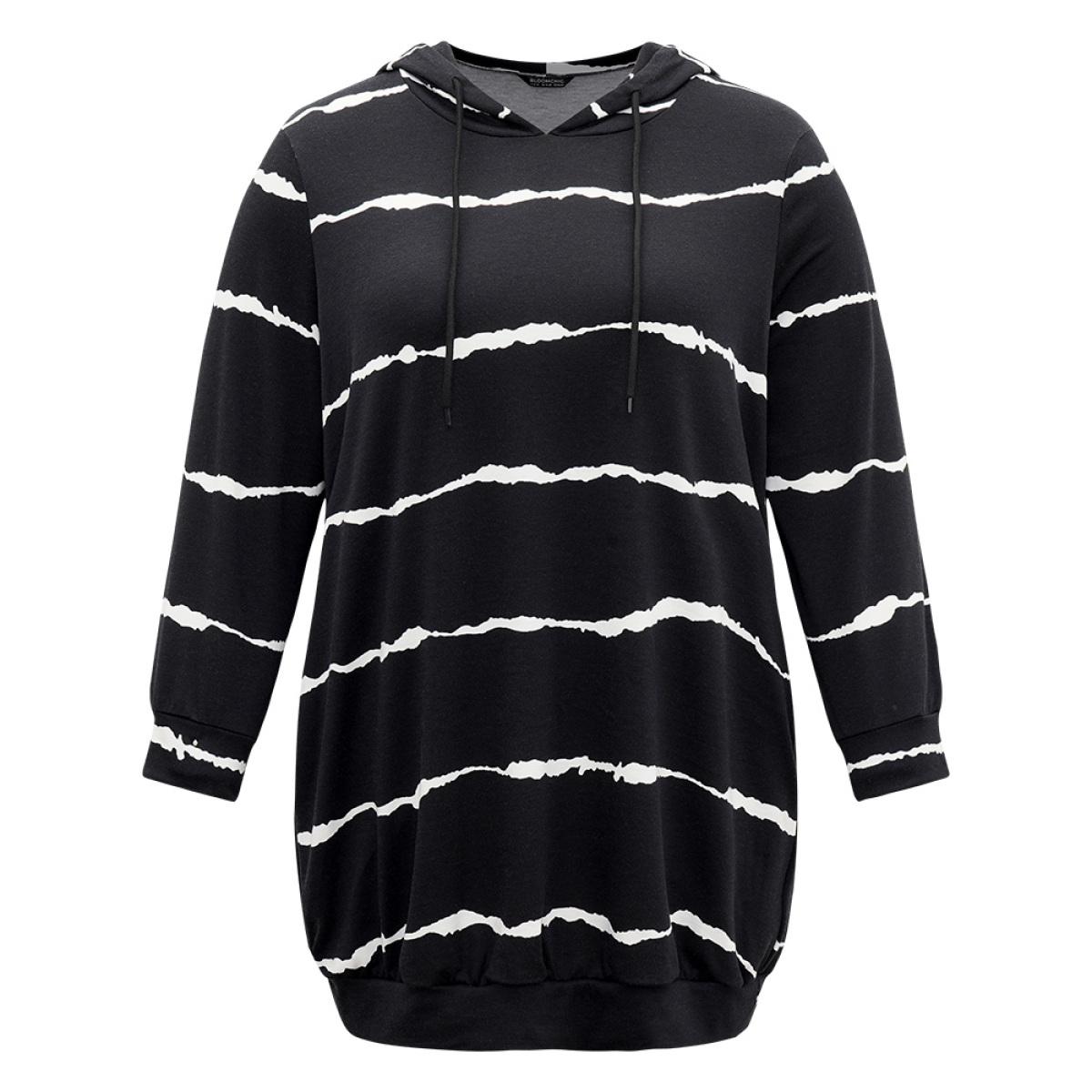 Plus Size Striped Pocket Hooded Drawstring Sweatshirt Women Black Casual Printed Hooded Dailywear Sweatshirts BloomChic 14-16/1X Product Image