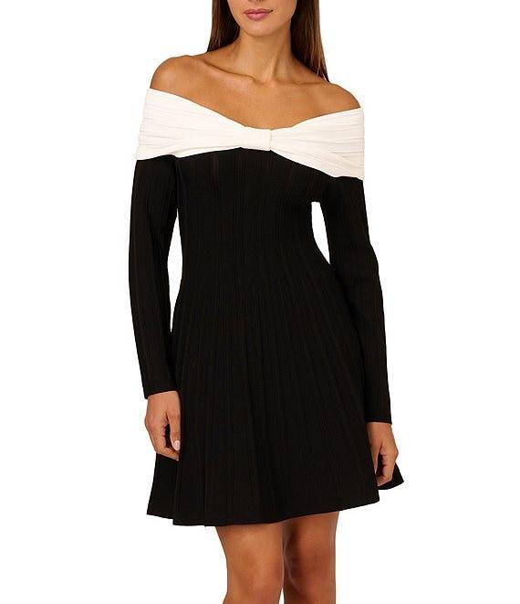 Adrianna by Adrianna Papell Knit Color Block Off-The-Shoulder Neck Long Sleeve A-Line Mini Dress Product Image