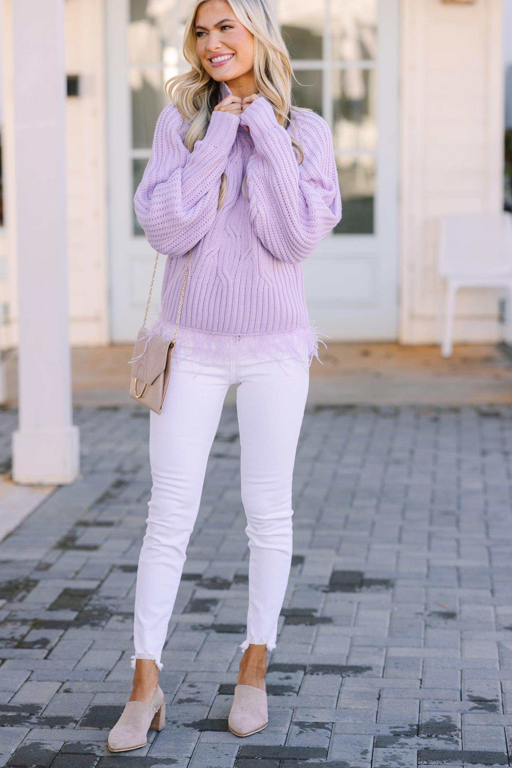 What's Going On Lavendar Purple Feather Trim Sweater Female Product Image