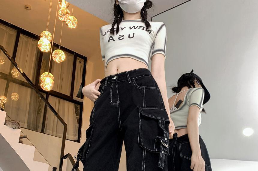 High Rise Contrast Stitching Buckled Loose Fit Cargo Jeans Product Image