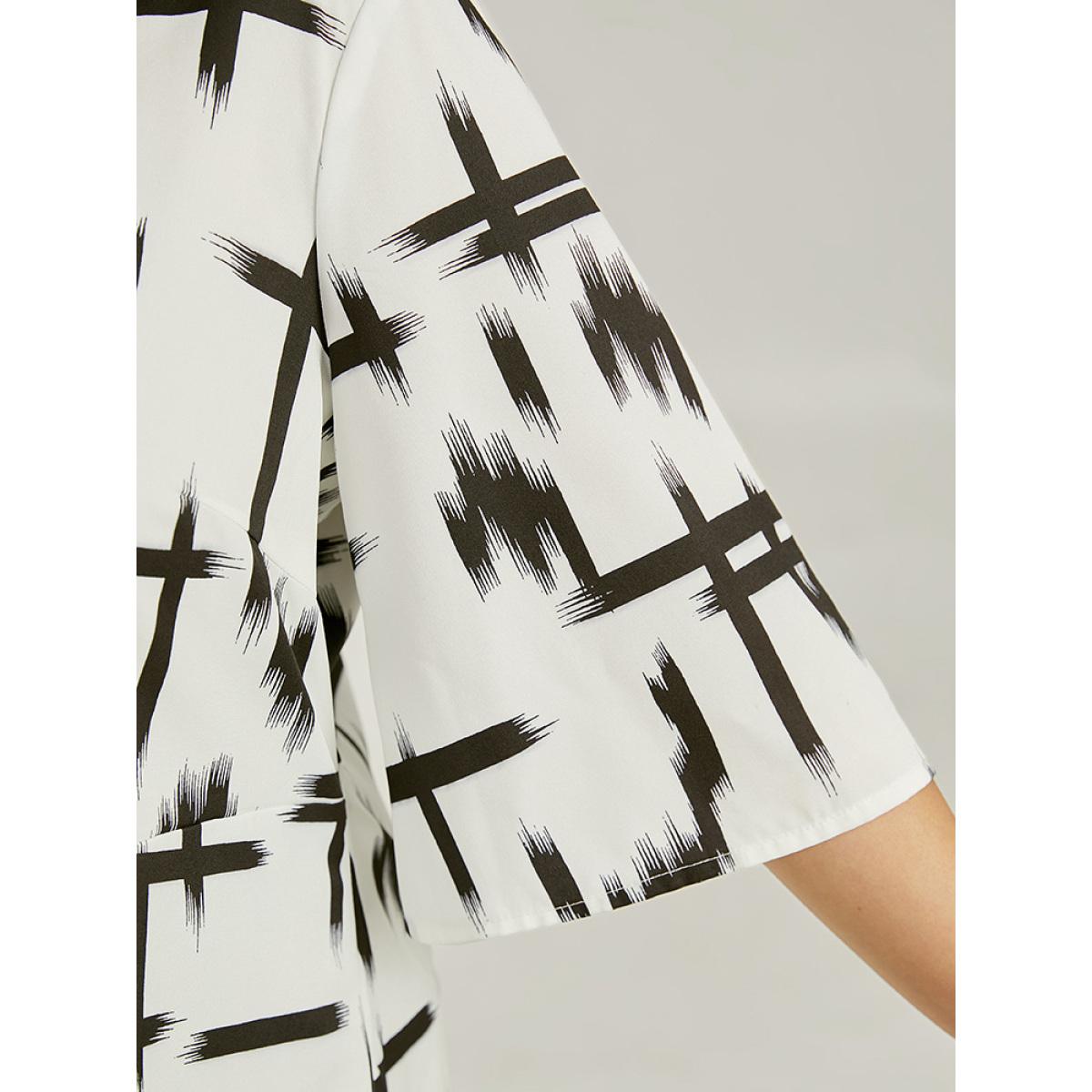 Plus Size Ivory Brush Print V Neck Pleated Ruffles Button Up Blouse Women Office Half Sleeve V-neck Work Blouses BloomChic 12/L Product Image