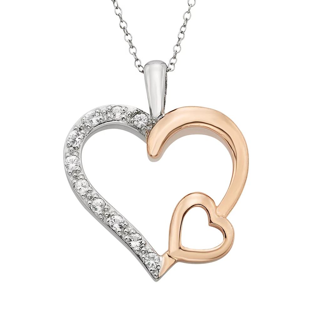 Lab-Created White Sapphire Sterling Silver Two Tone Double Heart Pendant Necklace, Women's Product Image