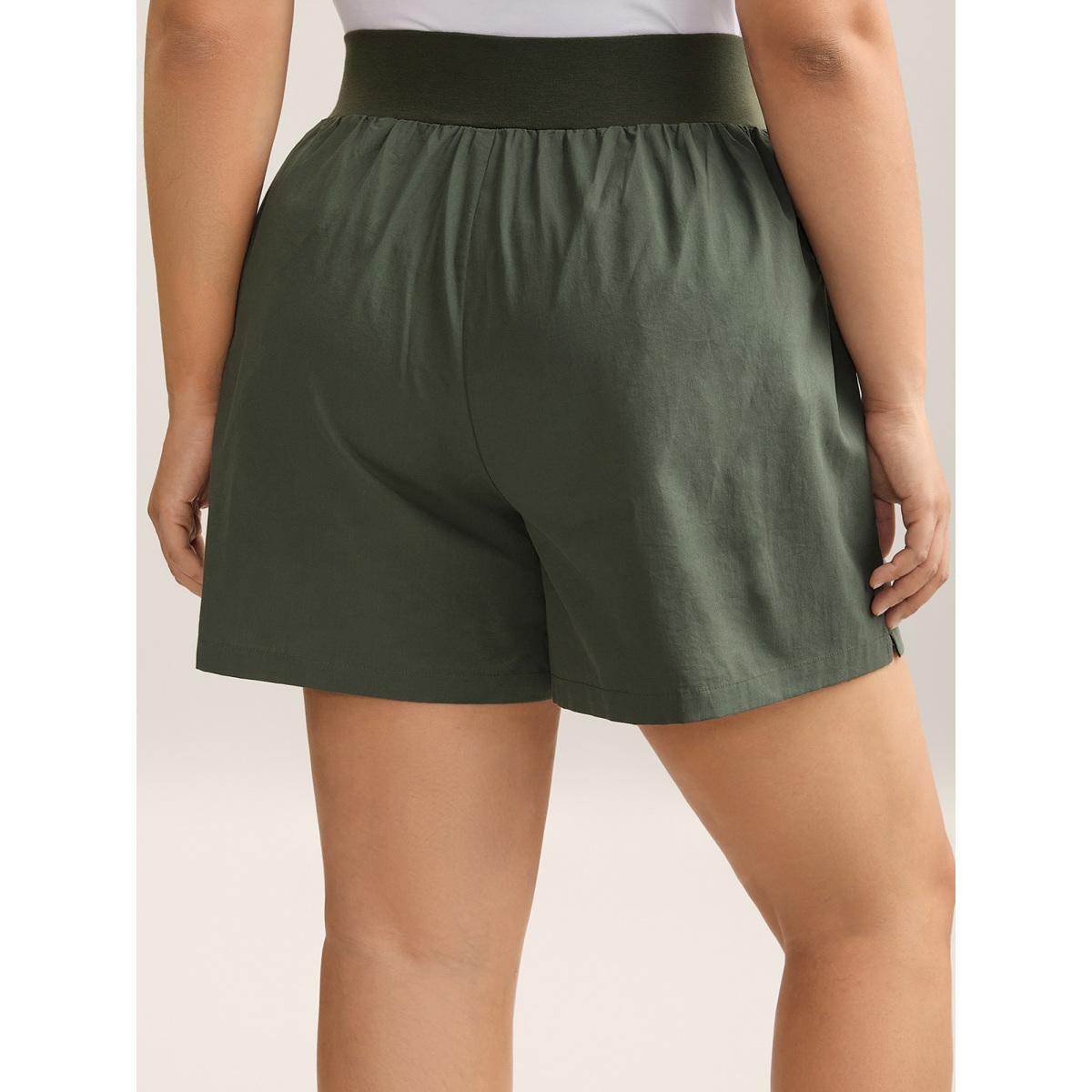 Plus Size Cotton Wide Waist Plain Shorts Women ArmyGreen Resort Slit Straight Leg Vacation Shorts BloomChic 26/4X Product Image