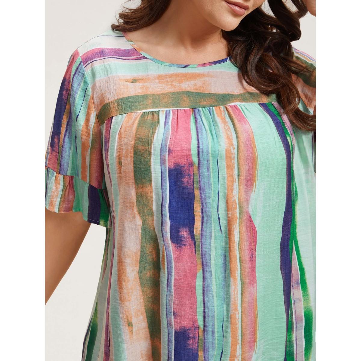 Plus Size Multicolor Multi-Color Striped Curved Hem Shirt Women Casual Half Sleeve Round Neck Everyday Blouses BloomChic 28/5X Product Image
