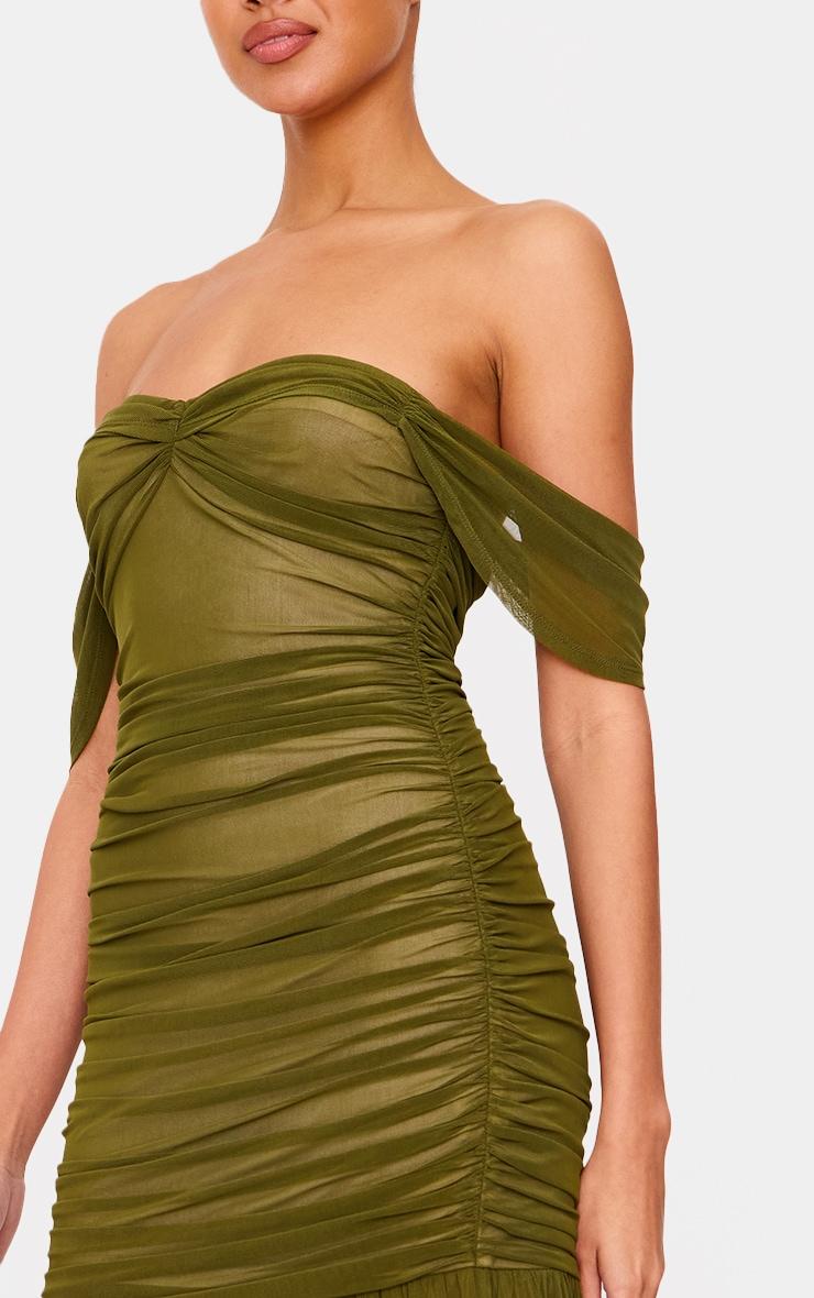 Olive Mesh Bardot Ruched Detail Maxi Dress Product Image