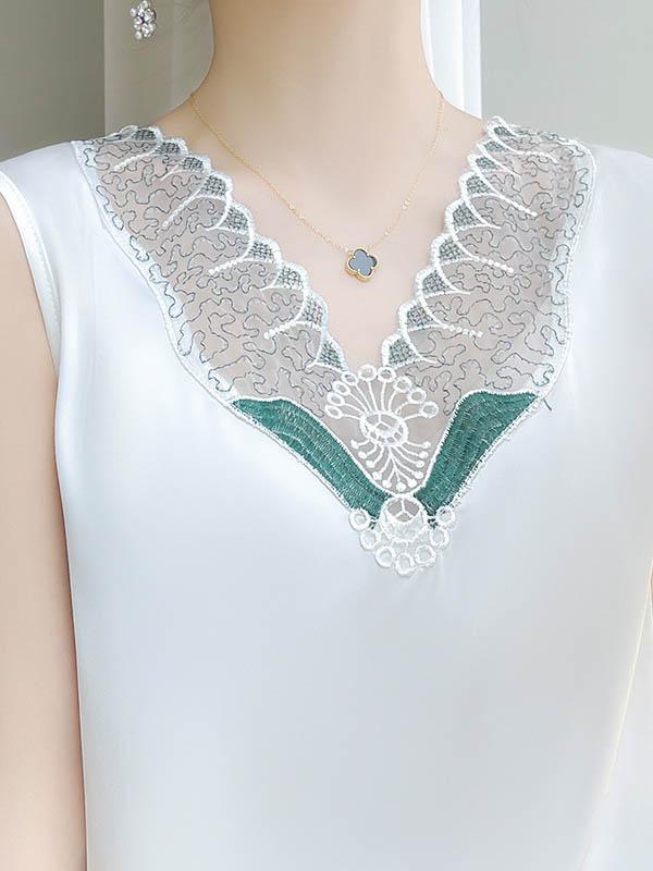 Loose Sleeveless Embroidered Mesh Split-Joint V-Neck Vest Top Product Image