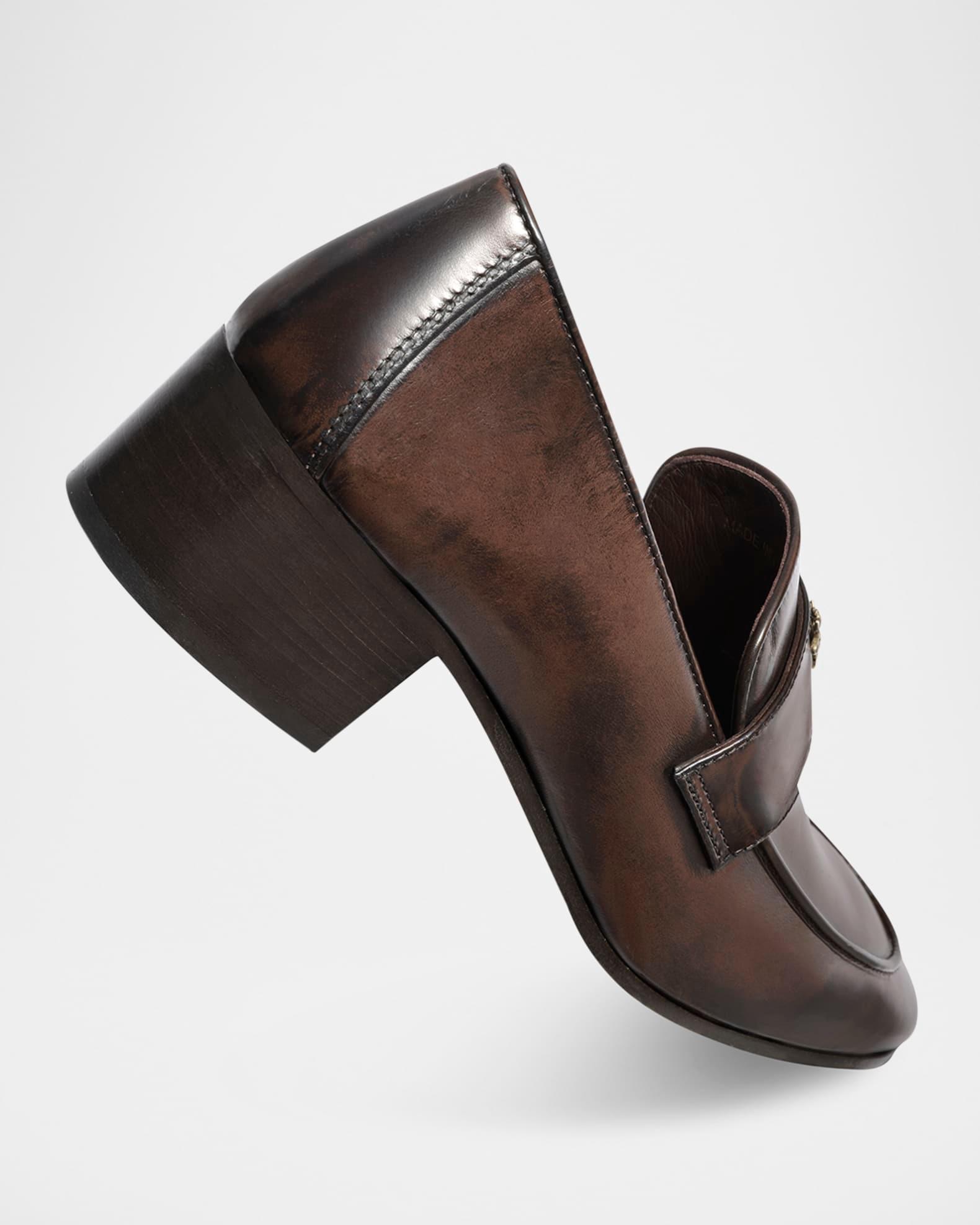 Brushed Leather Medallion Heeled Loafers Product Image