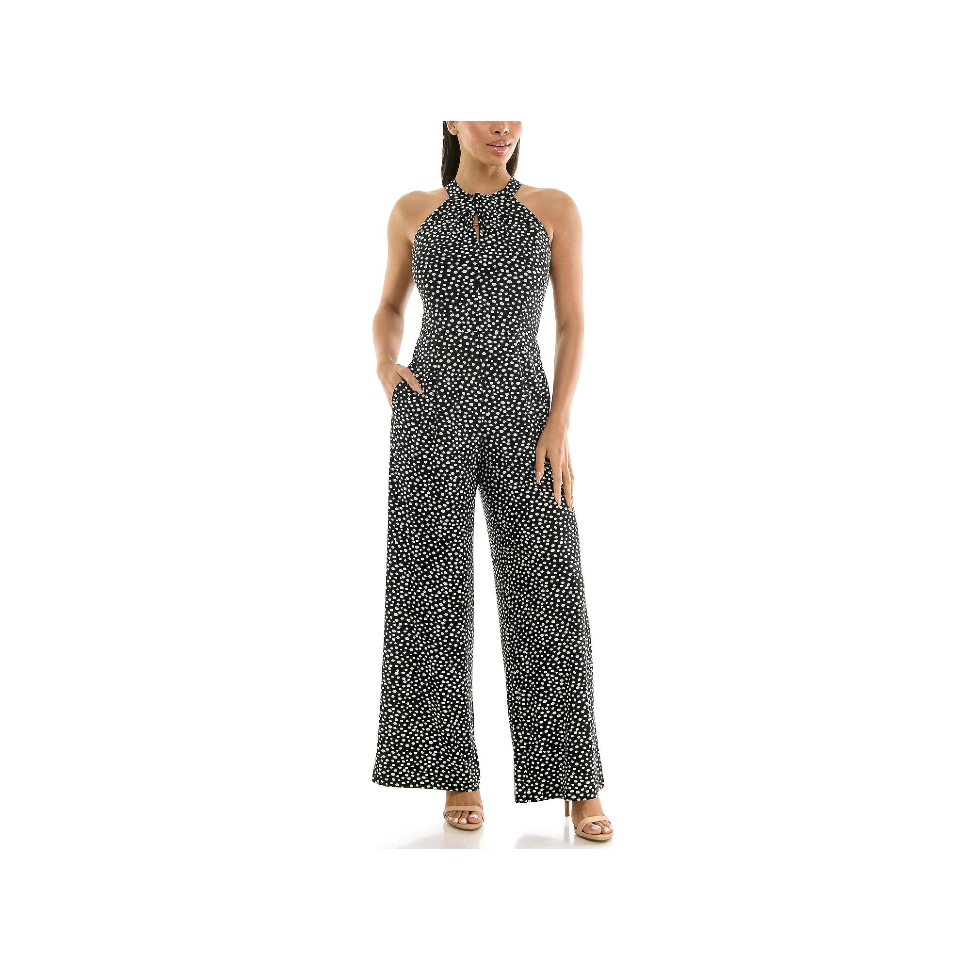 Women's Nina Leonard Printed Twist Neck Jumpsuit, Size: Large, Black Dots Product Image