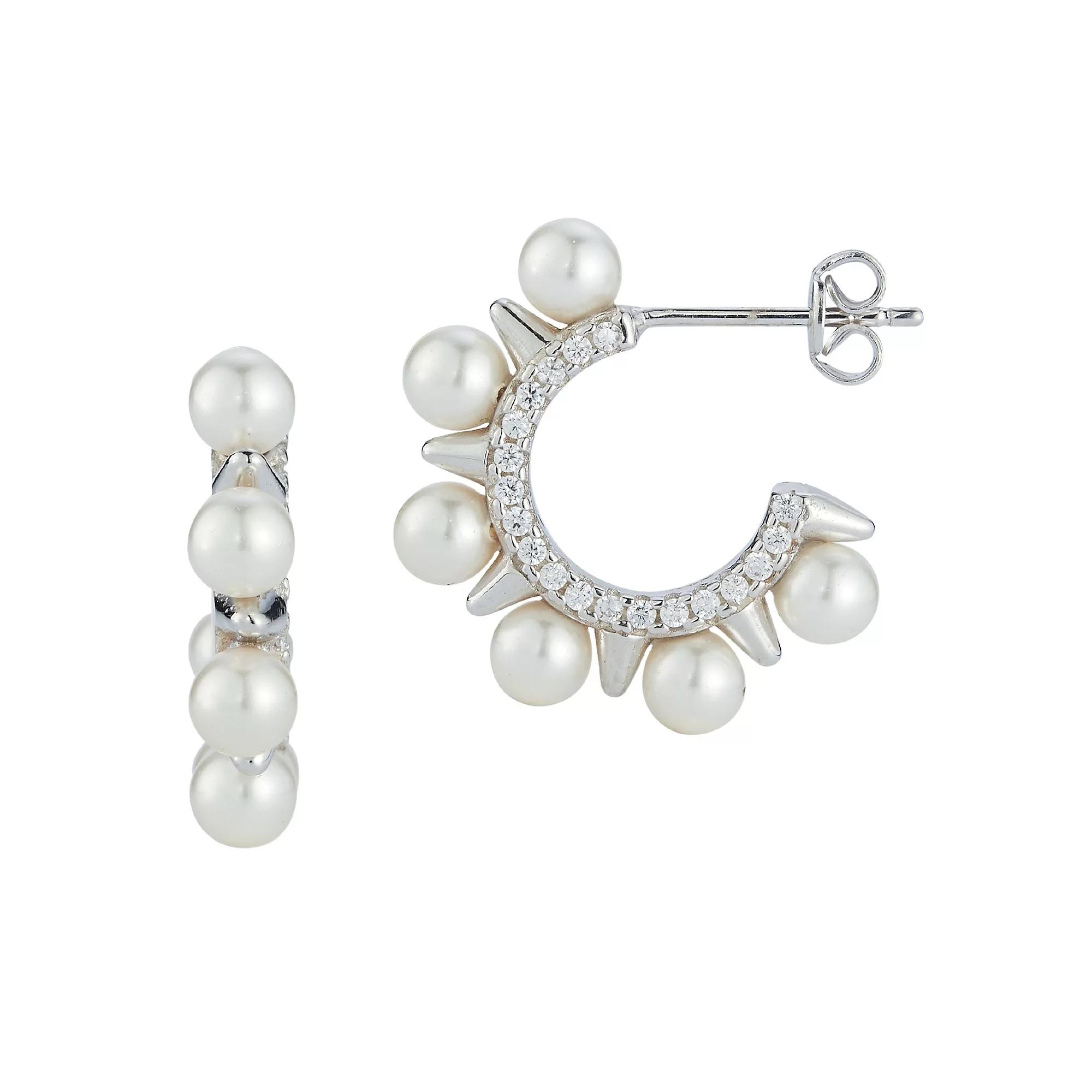 Sunkissed Sterling Freshwater Cultured Pearl & Cubic Zirconia Spike Hoop Earrings, Women's, Silver Tone Product Image