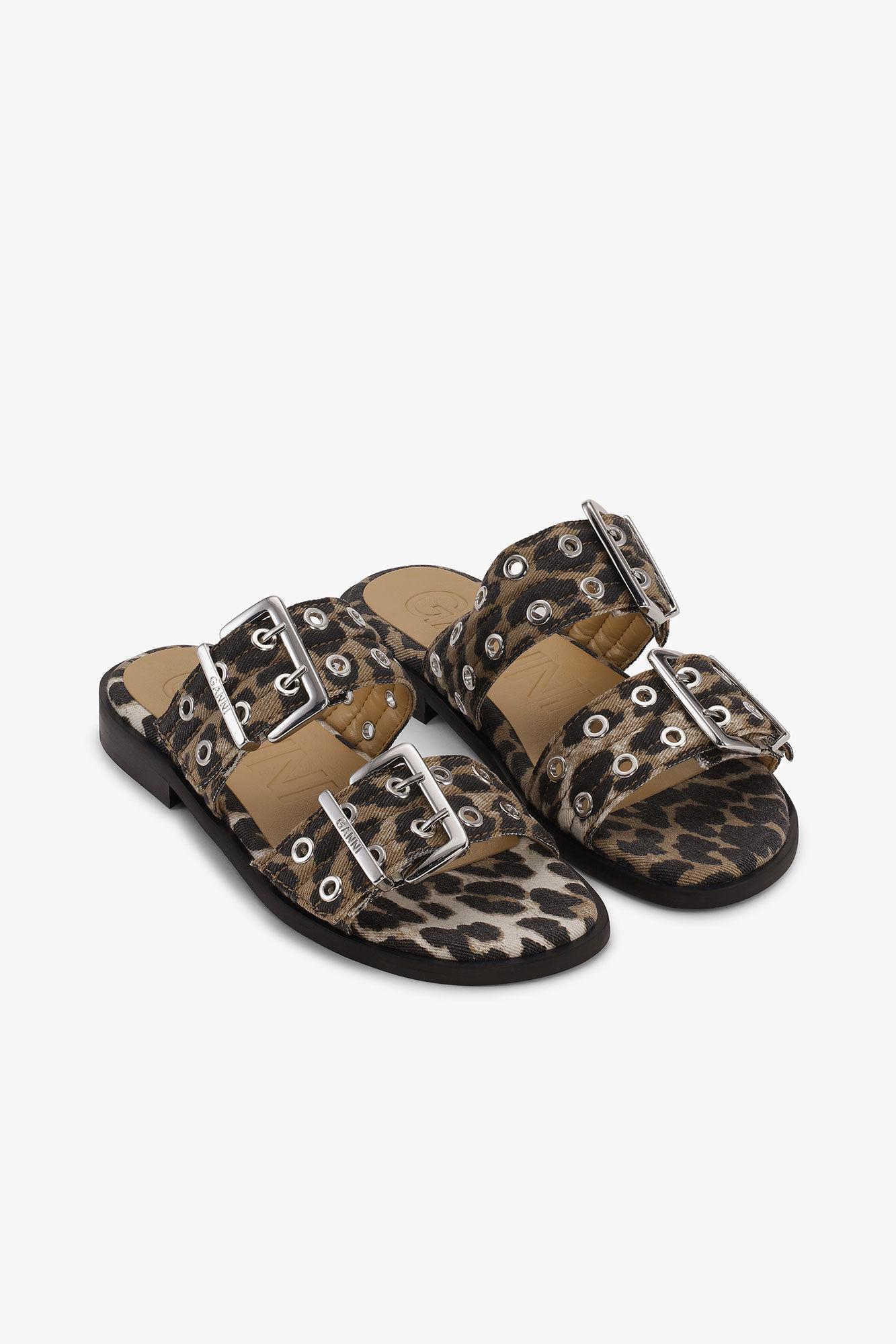 Leopard Denim Feminine Buckle Two-Strap Sandals Product Image