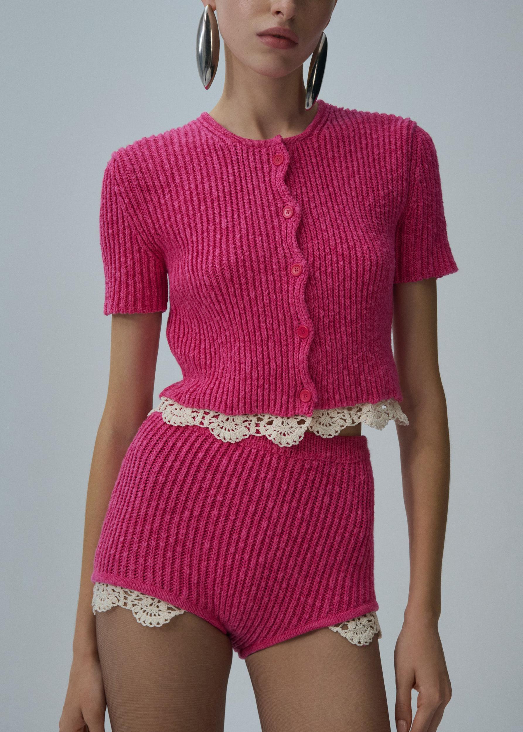 Lace detail ribbed knitwear shorts in pink Product Image