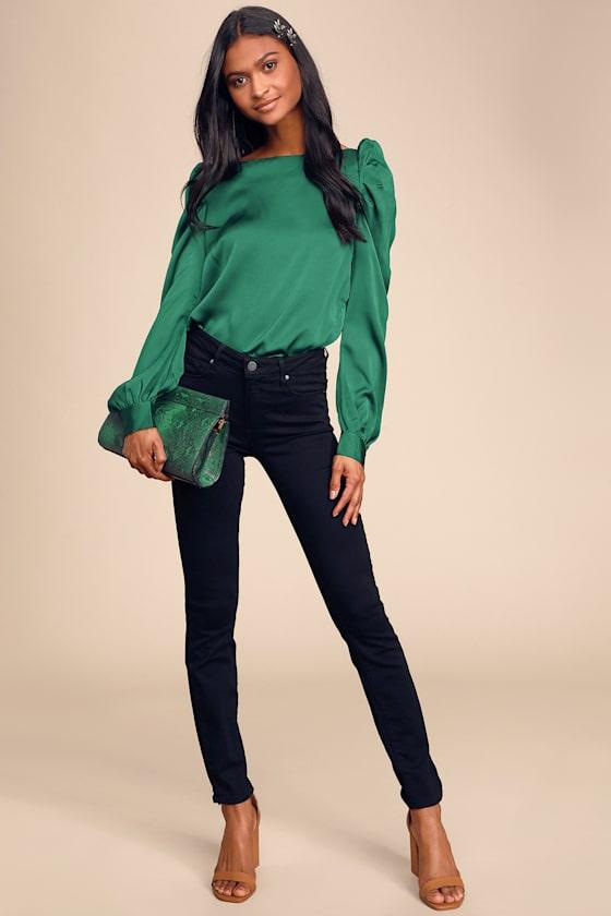 Love You Dearly Forest Green Satin Long Sleeve Top Product Image