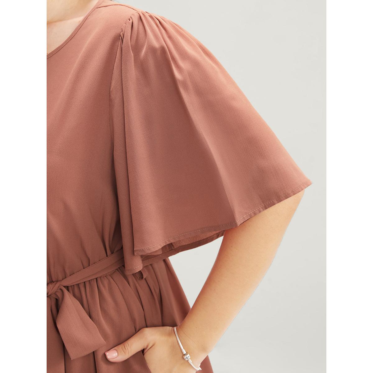 Plus Size Solid Keyhole Round Neck Pocket Belted Flutter Dress Salmon Women Office Belted Round Neck Half Sleeve Curvy Midi Dress BloomChic 30/6X Product Image