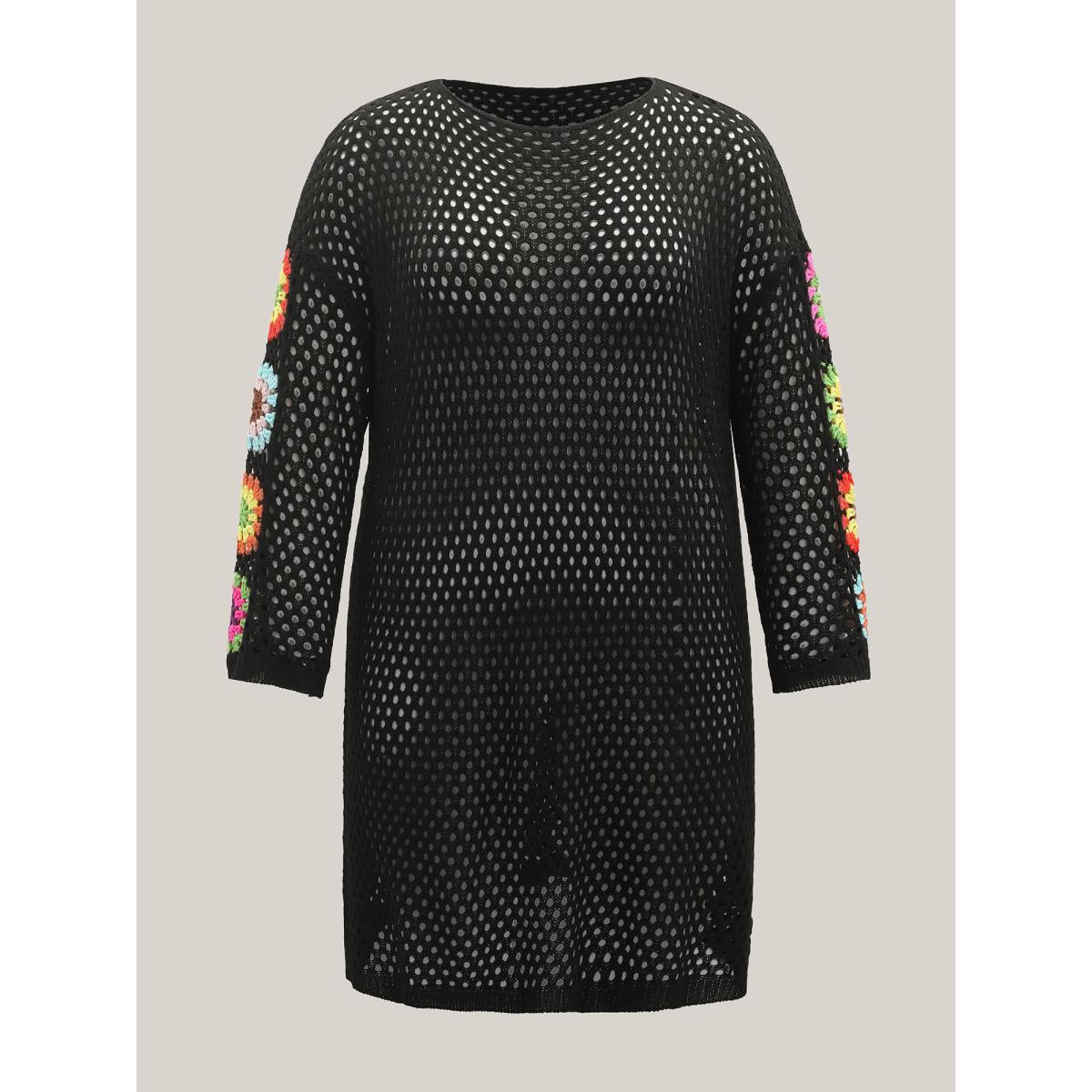 Plus Size Crochet Shoulder Flower Cut-Out Swim Cover-Up Women's Swimwear Black Beach Loose Cut-Out Curve Swim Cover Ups BloomChic 10/M Product Image