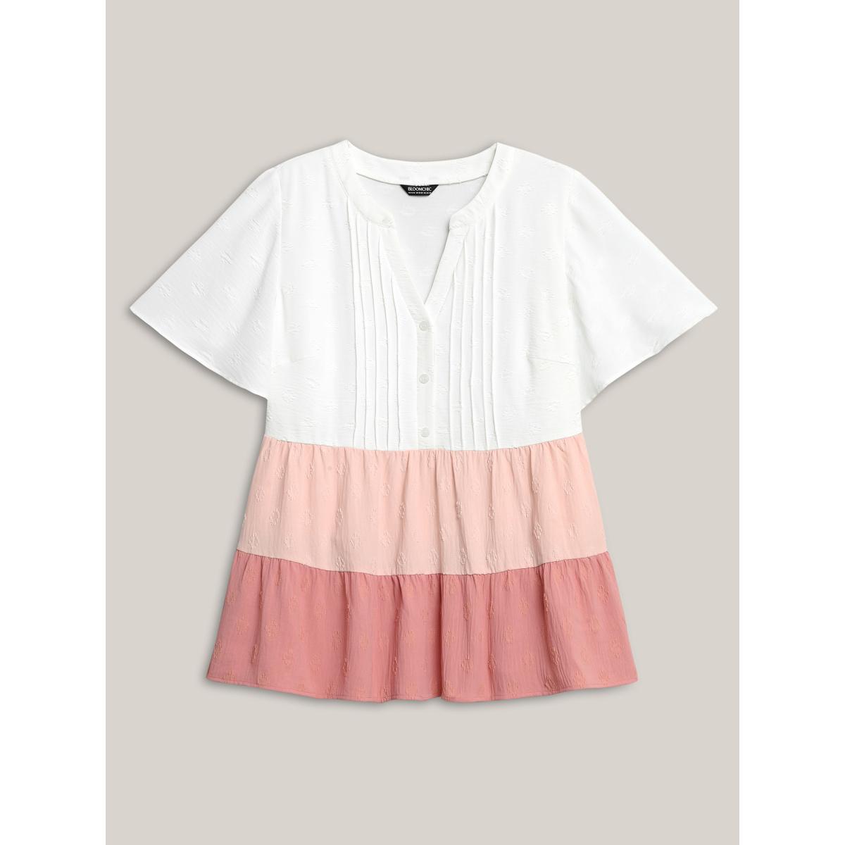 Plus Size WhiteSmoke Toothpick Pleat Color Contrast Blouse Women Short sleeve Flat collar with V-notch Everyday-Elegant Blouses BloomChic 18-20/2X Product Image