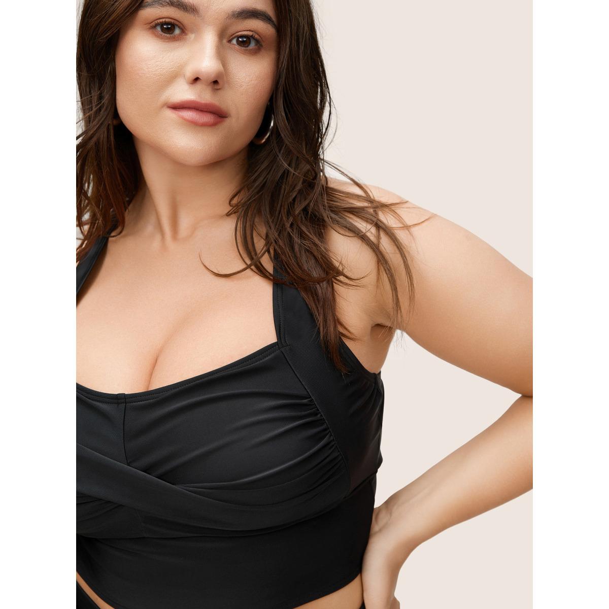 Plus Size Solid Crossover Square Neck Adjustable Straps Swim Top Women's Swimwear Black Resort Twist High stretch Skinny Square Neck Curve Swim Tops BloomChic 28/5X Product Image