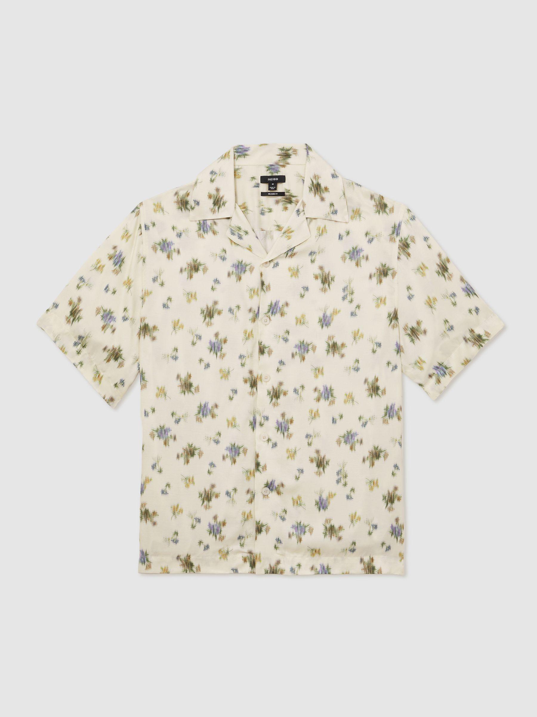 Abstract-Floral Print Cuban-Collar Shirt in Off White Product Image