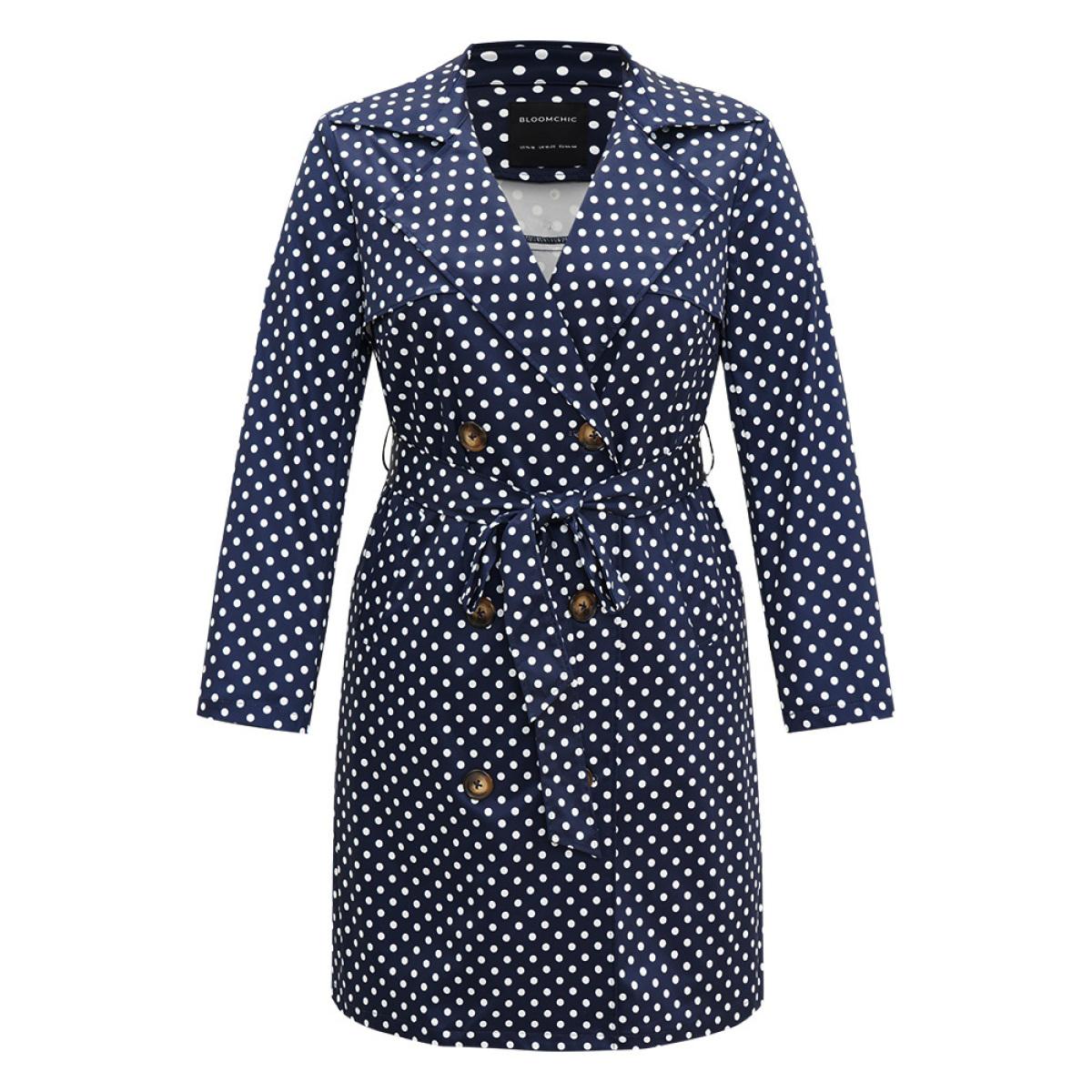 Plus Size Static-Free Polka Dot Belted Double Breasted Coat Women Indigo Casual Belted Ladies Dailywear Winter Coats BloomChic 14-16/1X Product Image