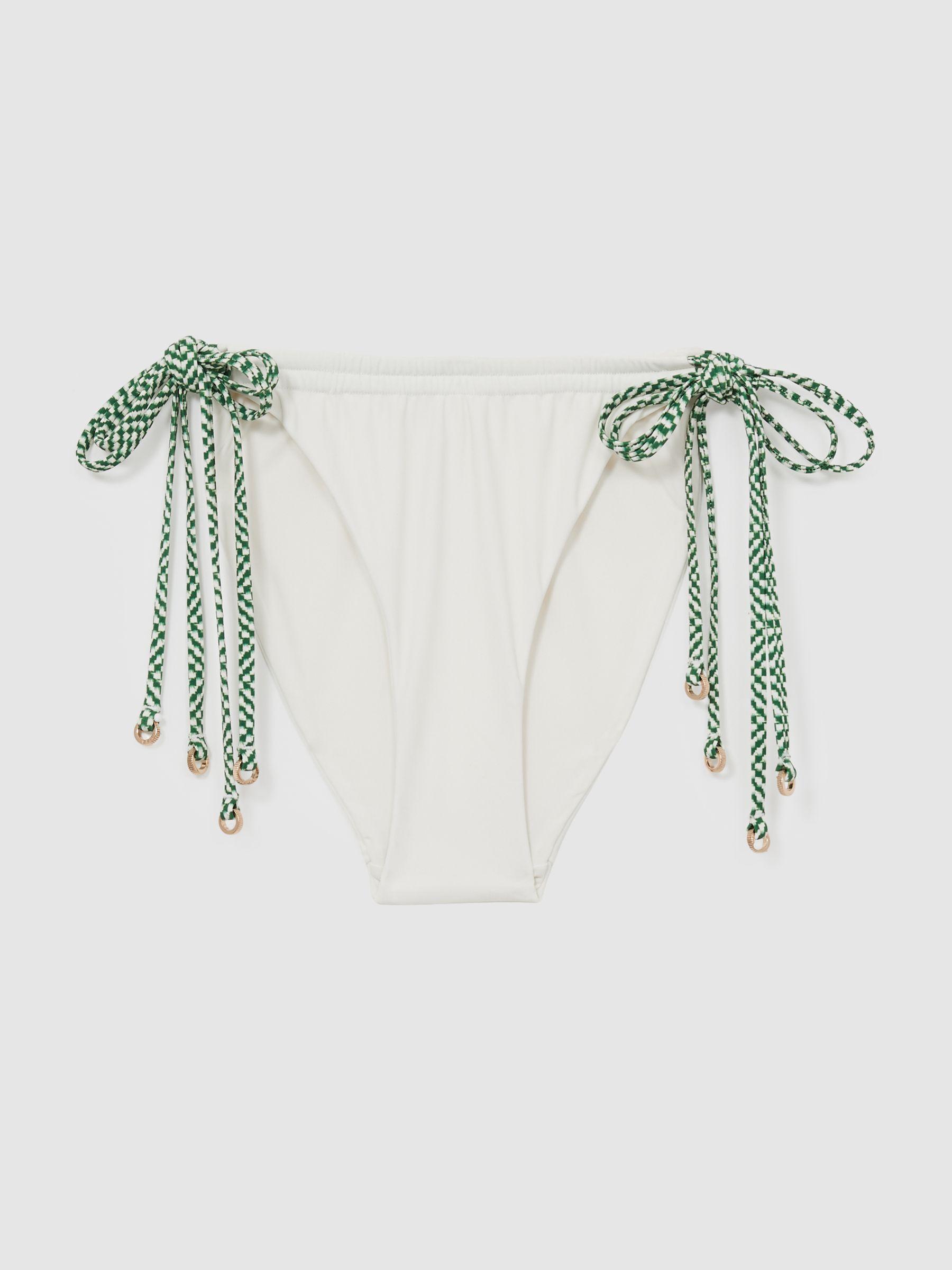 Chequered-Tie Bikini Bottoms in White/Green Product Image