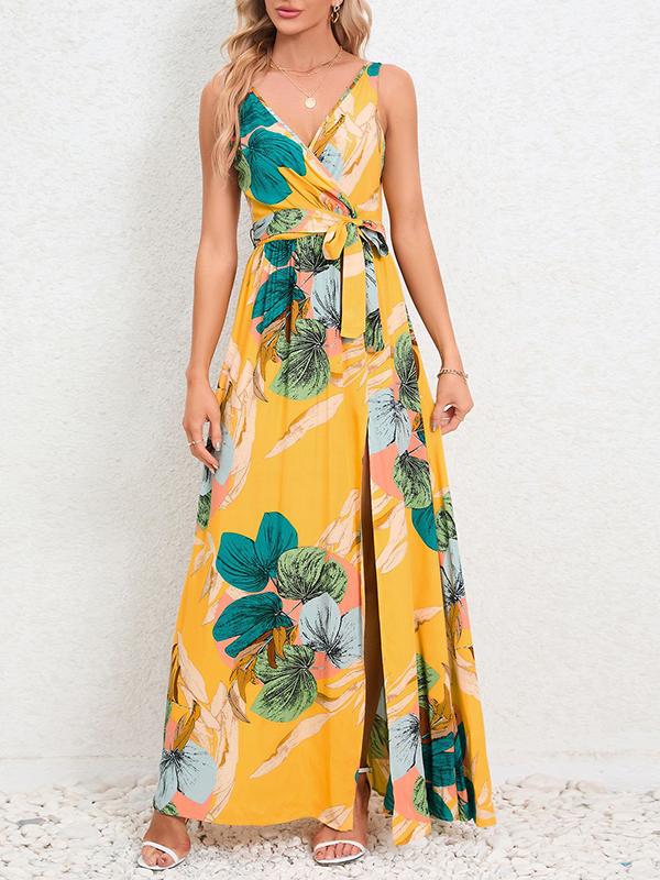 A-Line Loose Flower Print Pleated Split-Front Tied Waist V-Neck Maxi Dresses Product Image
