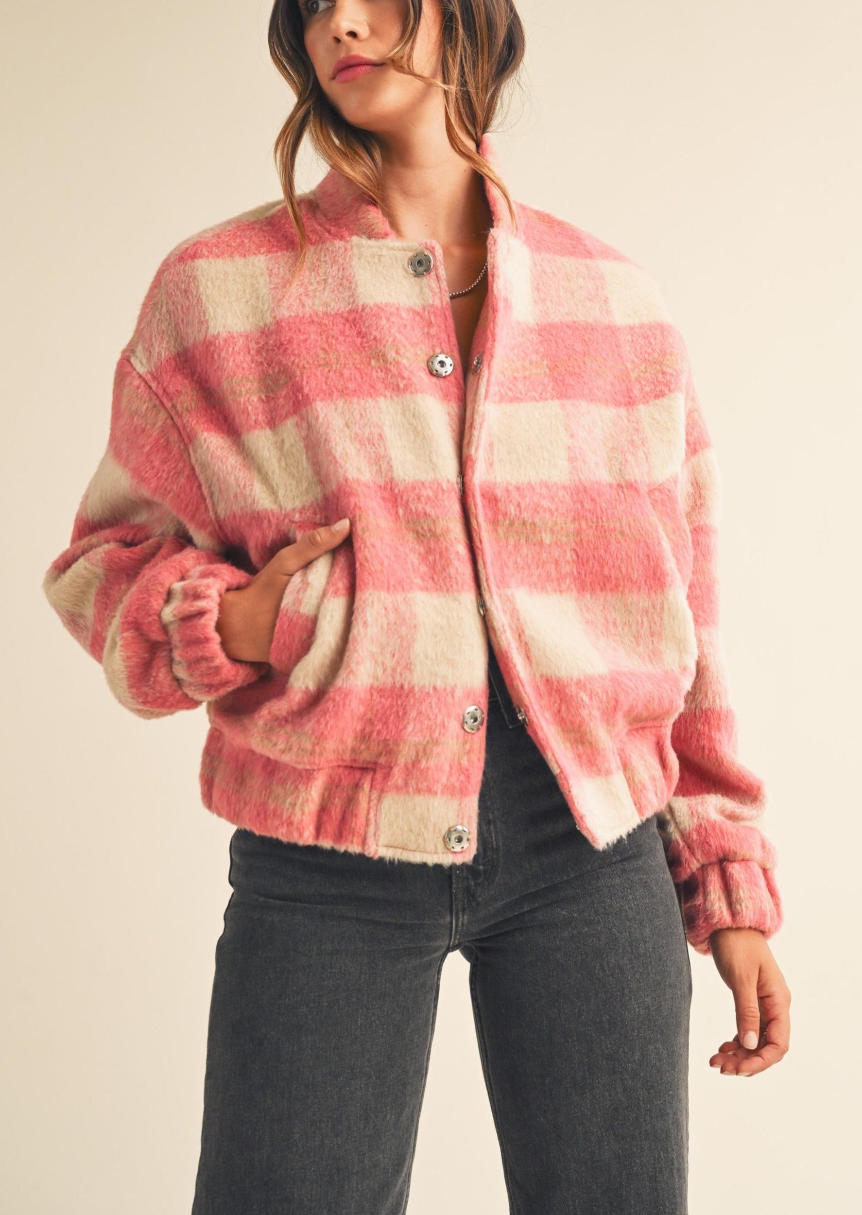 Fuzzy Plaid Bomber Jacket Product Image
