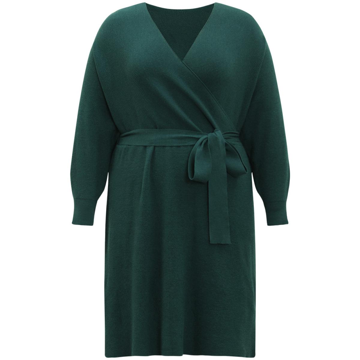 Plus Size Supersoft Essentials Solid Belted Split Batwing Sleeve Sweater Dress DarkGreen Women Casual Loose Long Sleeve Dailywear Sweater Dresses BloomChic 28/5X Product Image