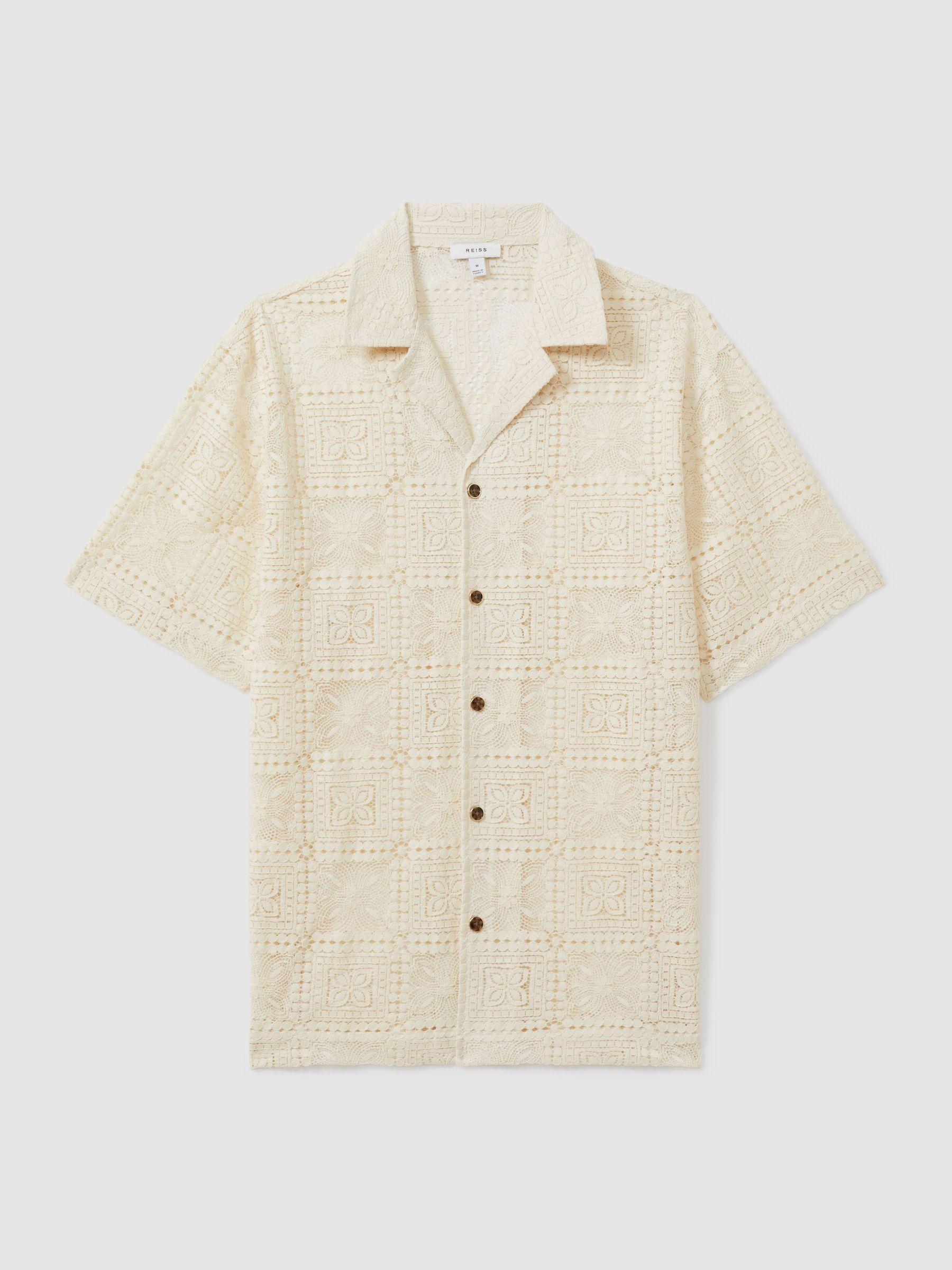 Crochet Cuban-Collar Shirt in Ecru Product Image