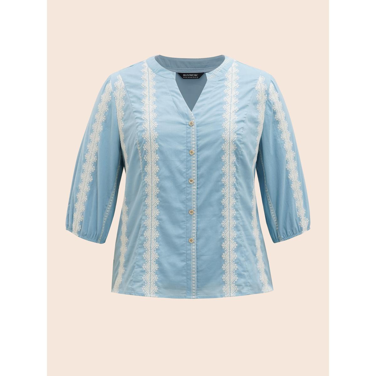 Plus Size LightBlue Striped Notched Embroidered Button Detail Blouse Women Resort Elbow-length sleeve Notched collar Vacation Blouses BloomChic 10/M Product Image