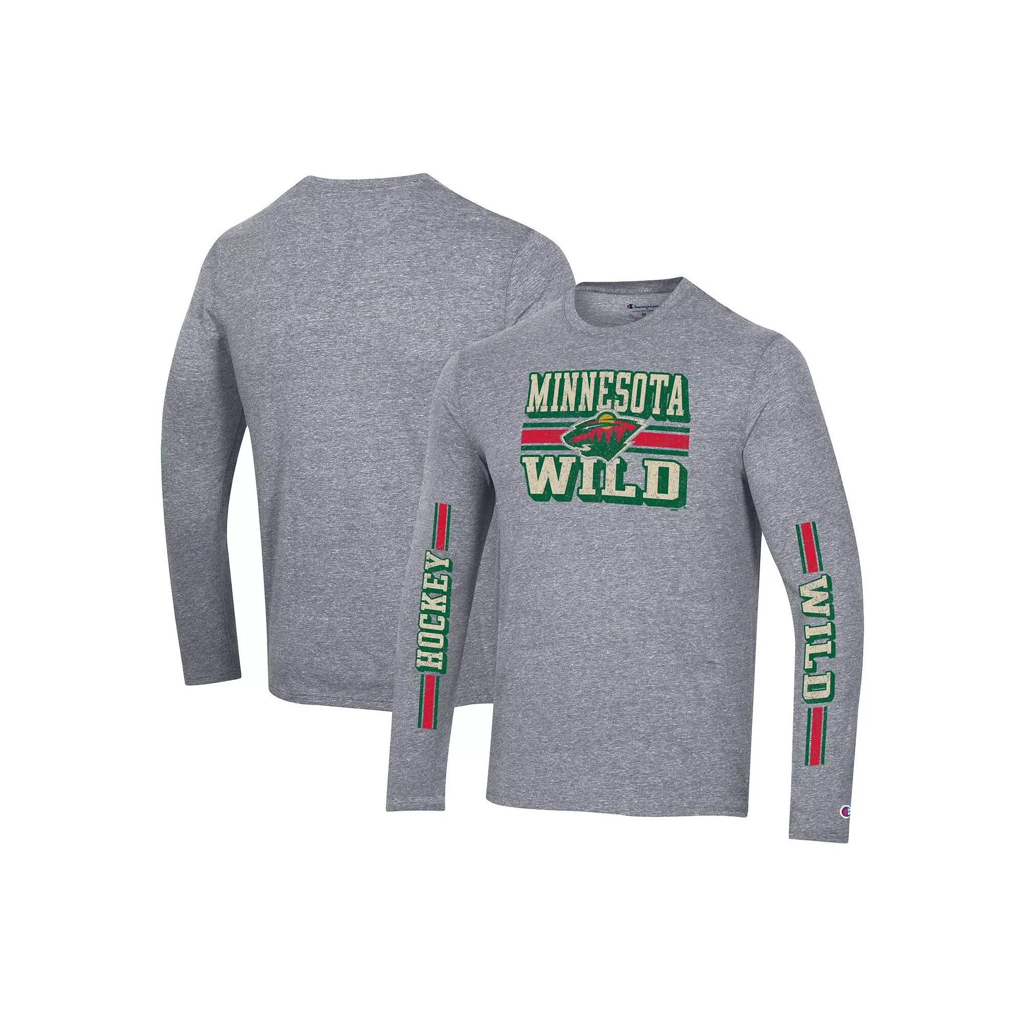 Men's Champion Heather Gray Minnesota Wild Tri-Blend Dual-Stripe Long Sleeve T-Shirt,  Product Image