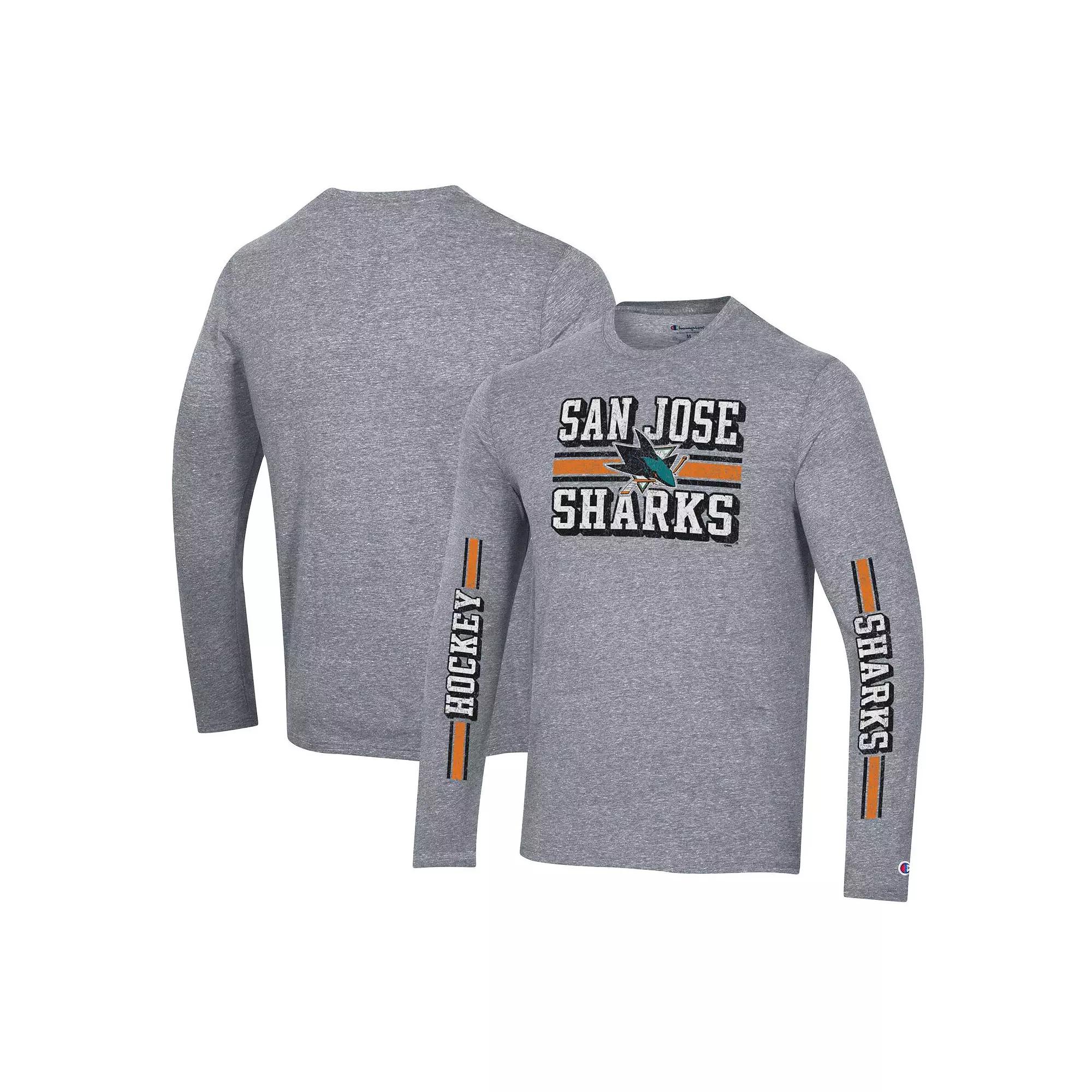 Men's Champion Heather Gray San Jose Sharks Tri-Blend Dual-Stripe Long Sleeve T-Shirt,  Product Image