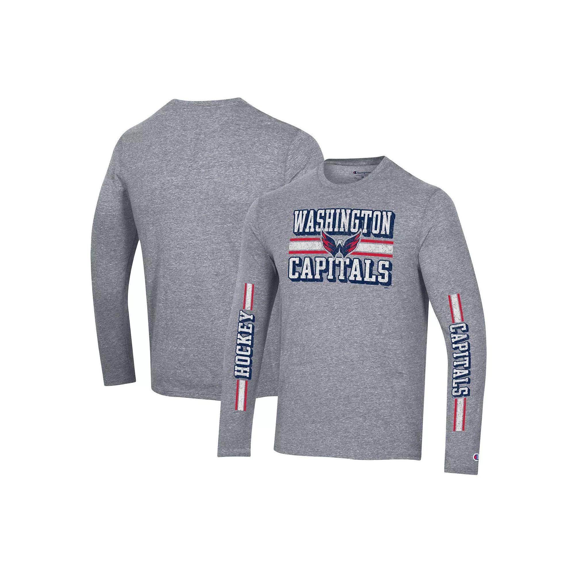Men's Champion Heather Gray Washington Capitals Tri-Blend Dual-Stripe Long Sleeve T-Shirt,  Product Image