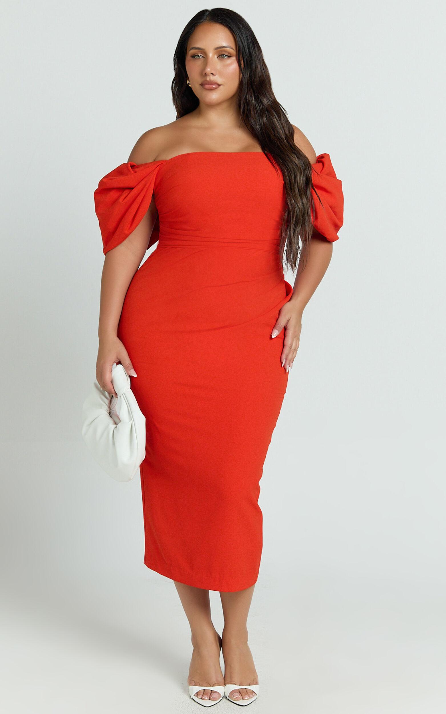 Lohan Midi Dress - Off Shoulder Puff Sleeve in Orange Product Image