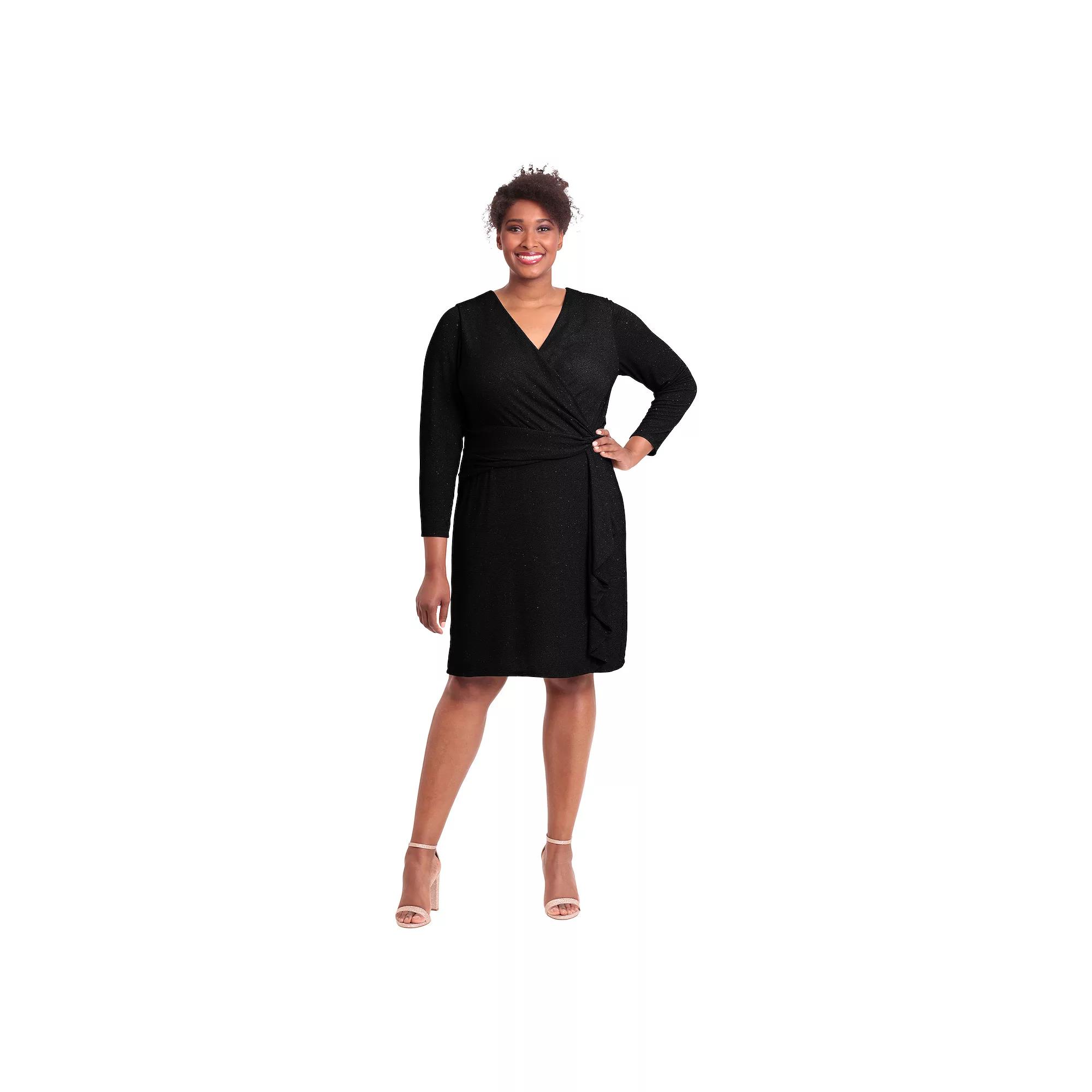 Plus Size London Times Shirred Surplice Side Flounce Long Sleeve Dress, Womens Product Image