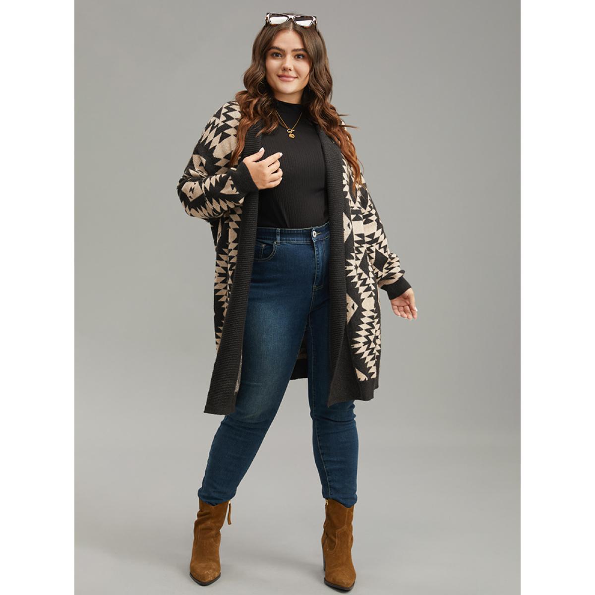 Plus Size Anti-Pilling Supersoft Essentials Geo Lapel Collar Cardigan Black Women Casual Loose Long Sleeve Everyday Cardigans BloomChic 14-16/1X Product Image