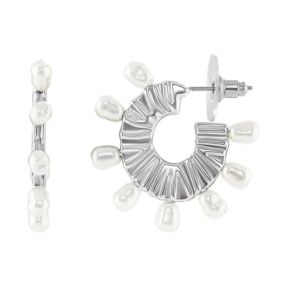 Emberly Silver Tone Simulated Pearl Textured C-Hoop Earrings, Women's, White Product Image