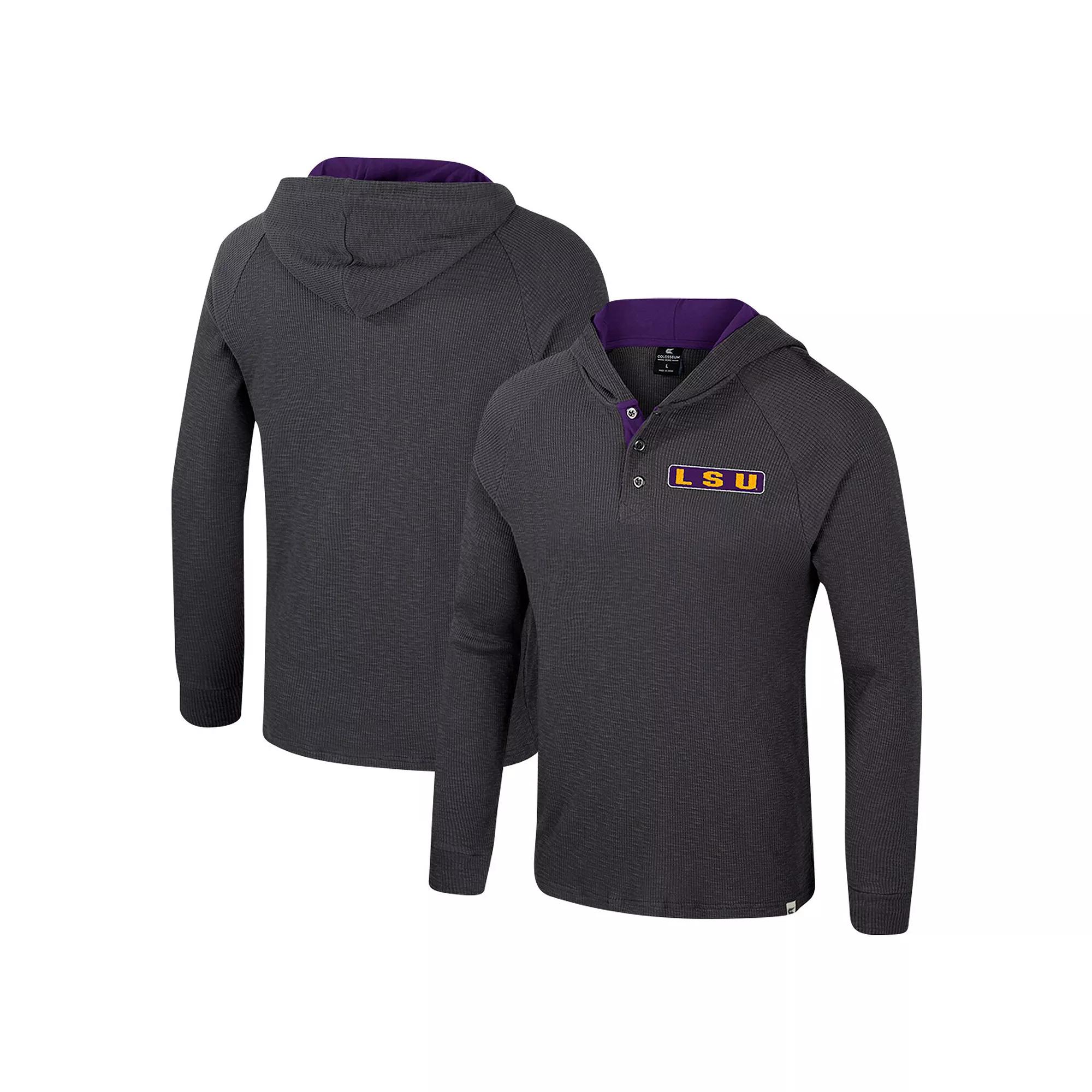 Men's Colosseum Charcoal LSU Tigers Dujour Ralgan Long Sleeve Henley Hoodie T-Shirt,  Product Image
