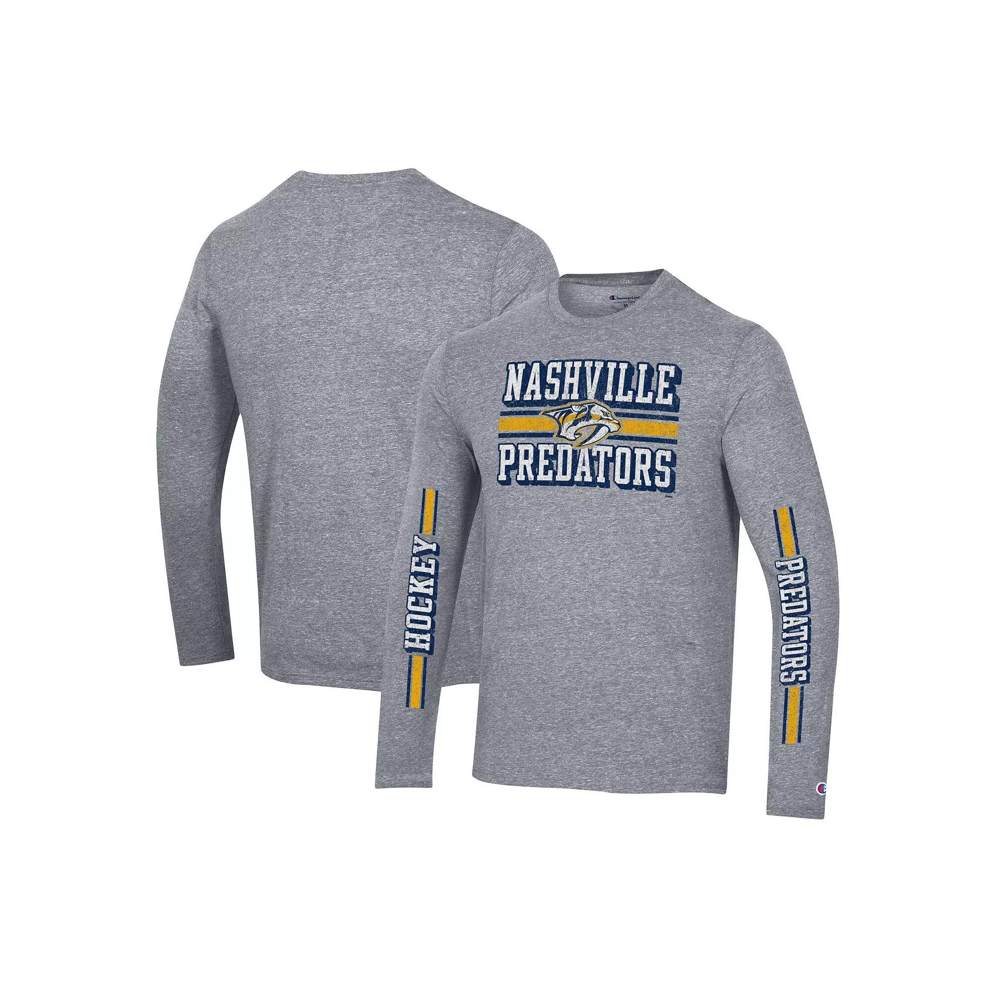 Men's Champion Heather Gray Nashville Predators Tri-Blend Dual-Stripe Long Sleeve T-Shirt, Size: 2XL, Pdt Grey Product Image