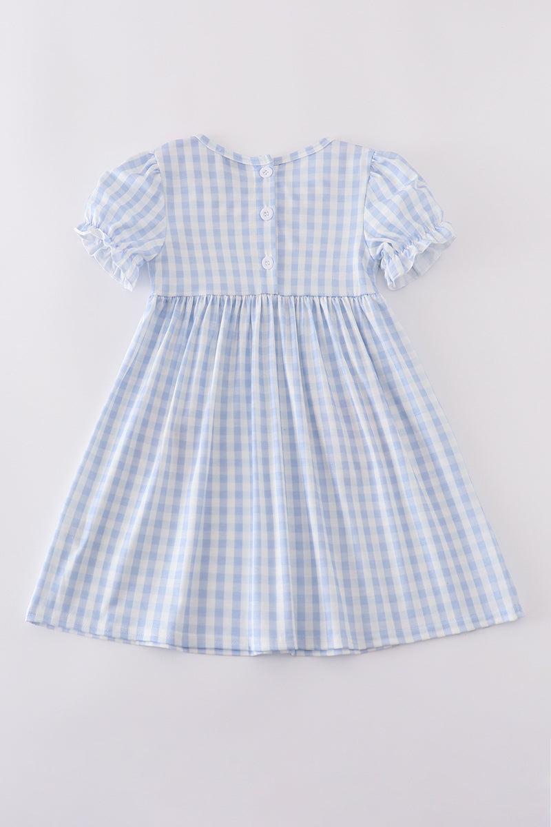Blue character embroidery gingham ruffle dress Product Image
