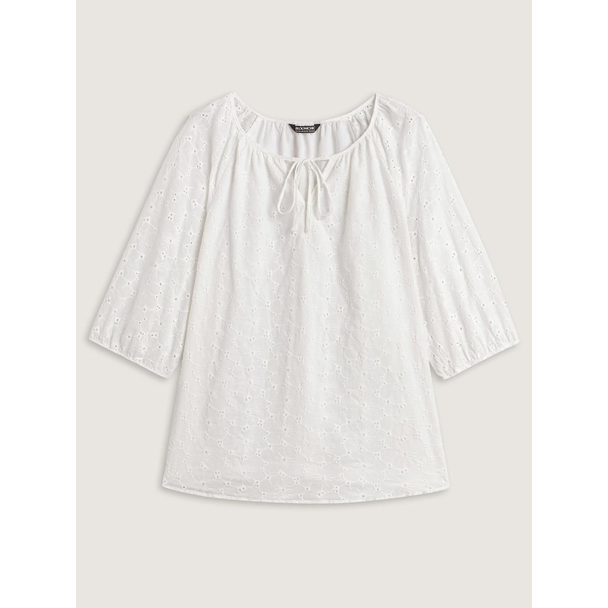 Plus Size WhiteSmoke Pure Cotton Eyelet Texture Blouse Women Timeless Elbow-length sleeve Notched collar Elegant Blouses BloomChic 18-20/2X Product Image