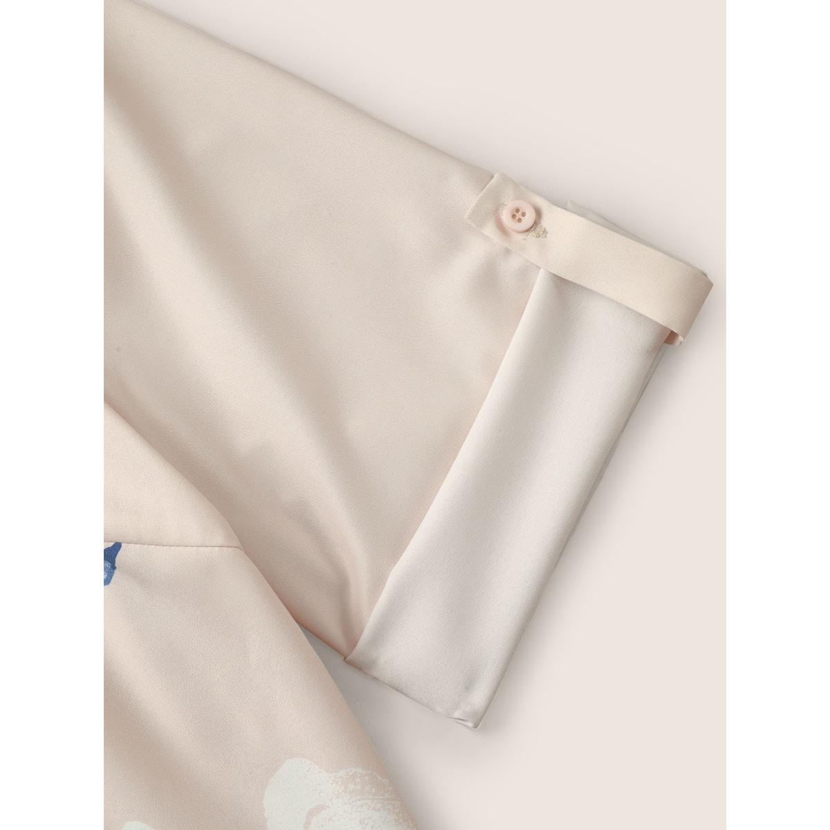 Plus Size Beige Tropical Print Button Up Tab Sleeve Blouse Women Casual Elbow-length sleeve Shirt collar Everyday Blouses BloomChic 22-24/3X Product Image