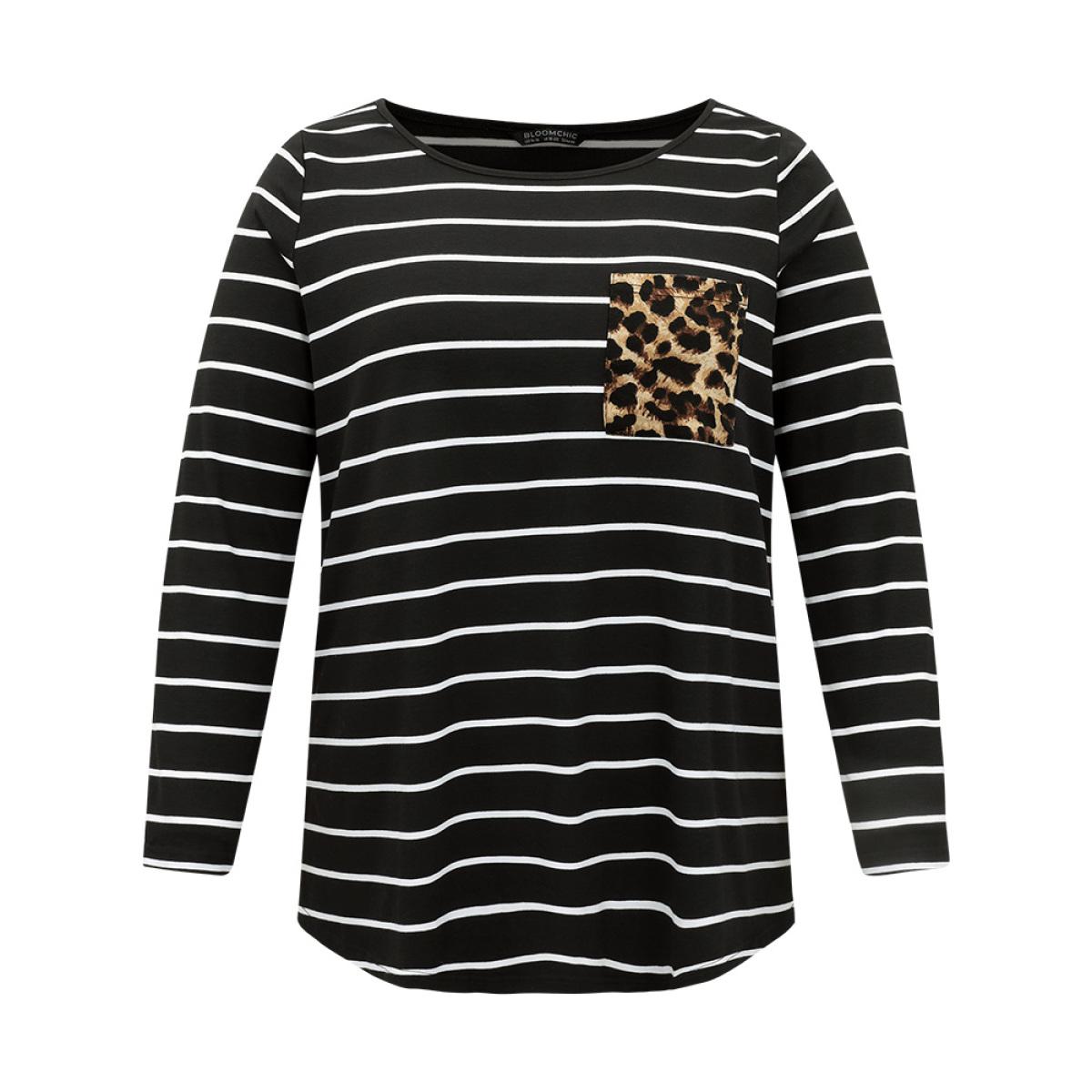 Plus Size Leopard Striped Patchwork Contrast Pocket T-shirt Black Women Casual Contrast Leopard Round Neck Dailywear T-shirts BloomChic 12/L Product Image