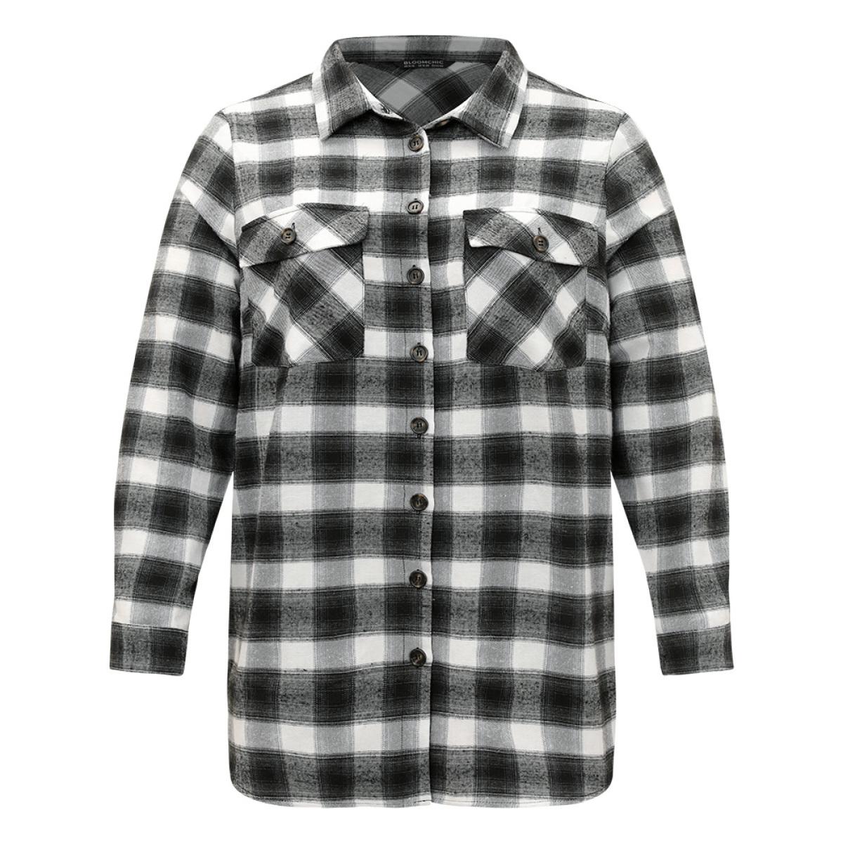 Plus Size Plaid Arc Hem Pocket Button Through Shirt Collar Coat Women Black Casual Arc Hem Ladies Dailywear Winter Coats BloomChic 14-16/1X Product Image